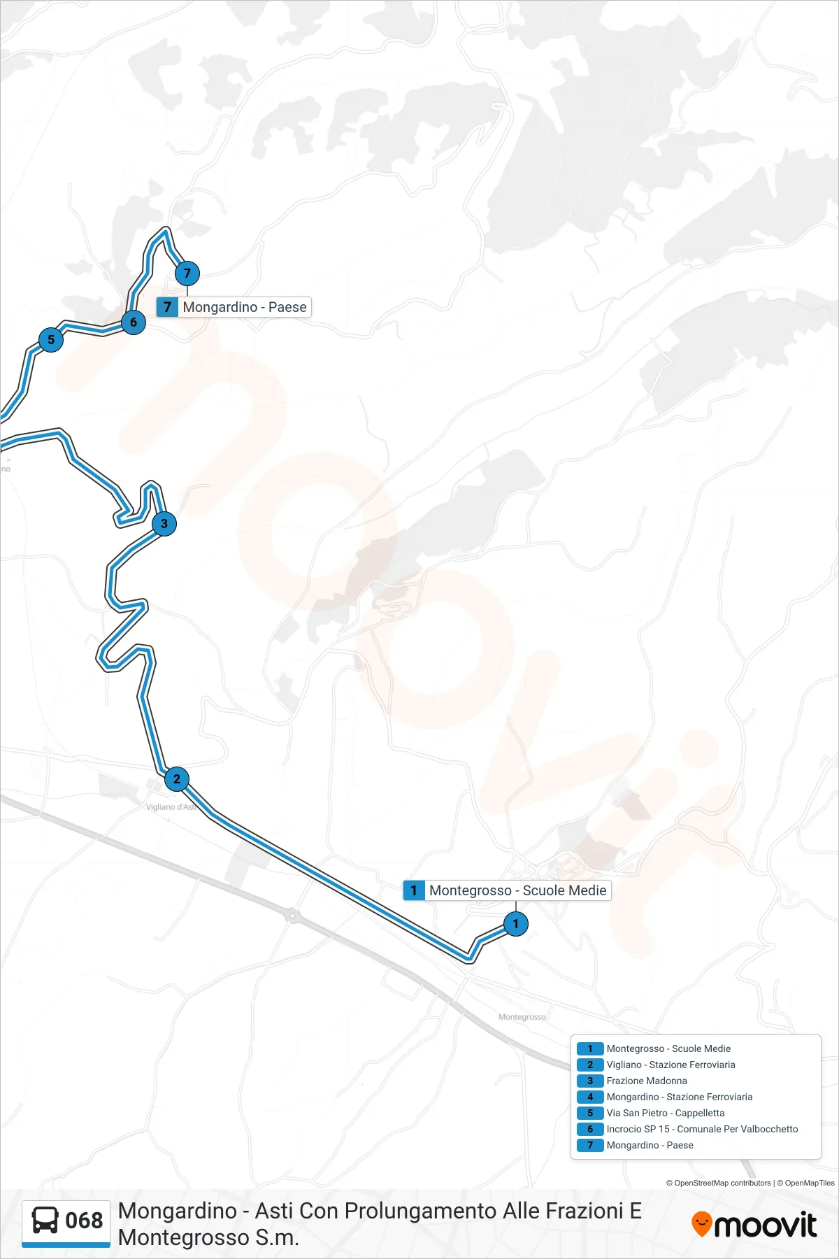 Linea 068  bus (Bivio Mongardino - Stabilimento M.C.M.) - Percorsi e fermate sulla mappa
