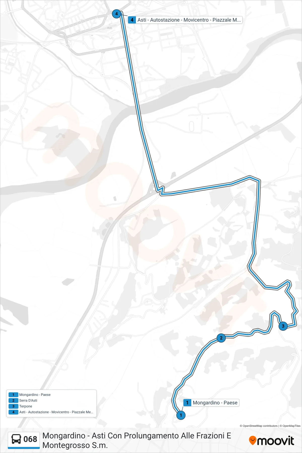 Linea 068 bus (Asti - Autostazione - Movicentro - Piazzale Medaglie D'Oro) - Percorsi e fermate sulla mappa