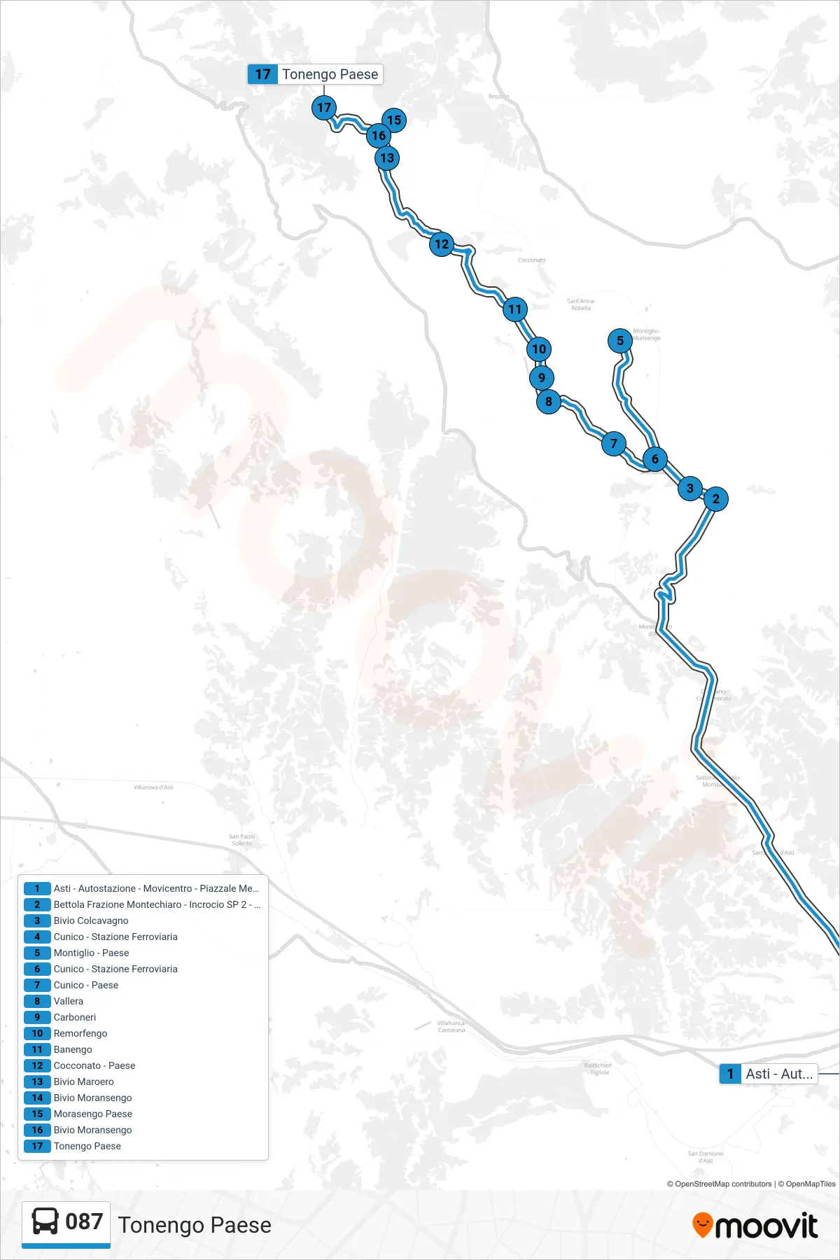 Linea 087  bus (Tonengo Paese) - Percorsi e fermate sulla mappa