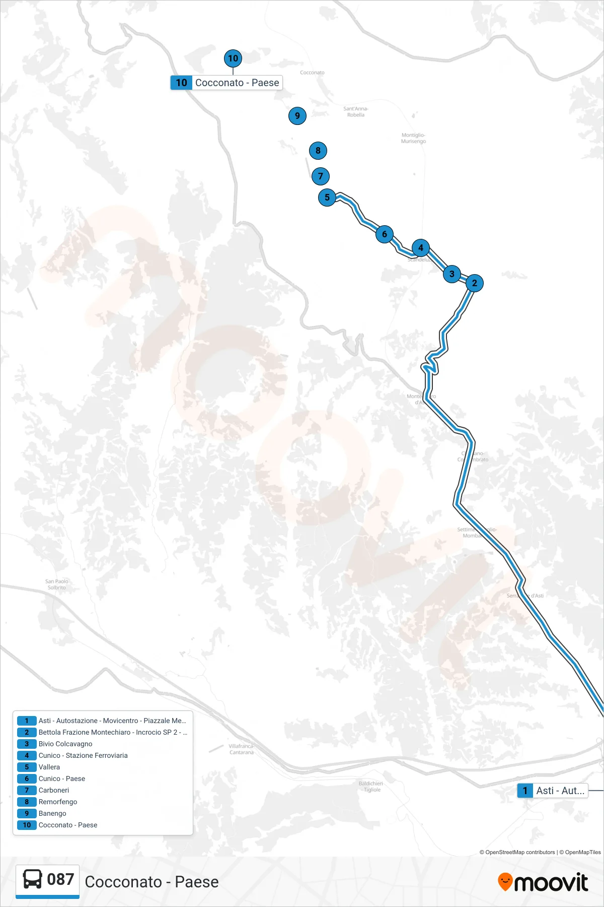Linea 087 bus (Cocconato - Paese) - Percorsi e fermate sulla mappa