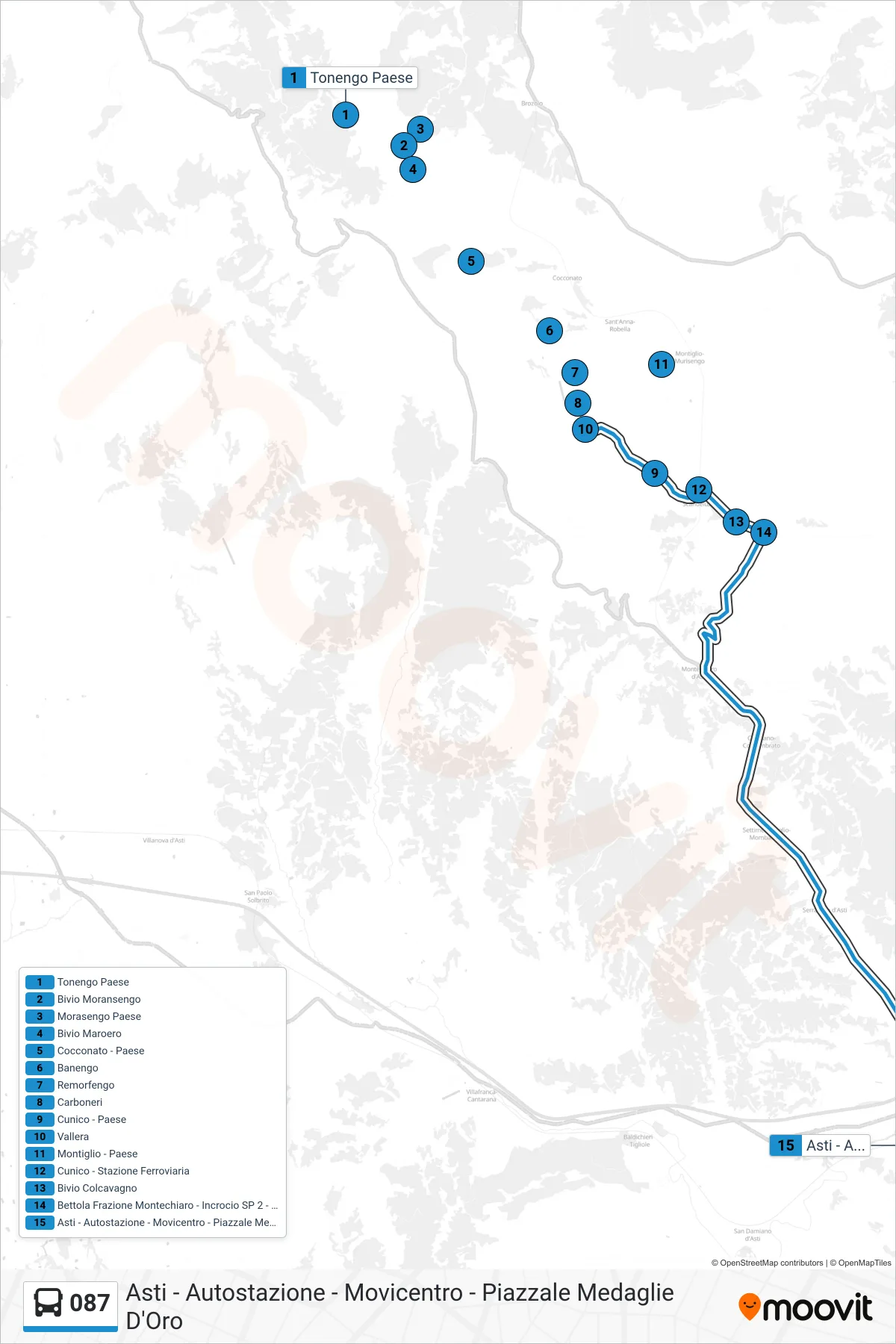 Linea 087 bus (Asti - Autostazione - Movicentro - Piazzale Medaglie D'Oro) - Percorsi e fermate sulla mappa