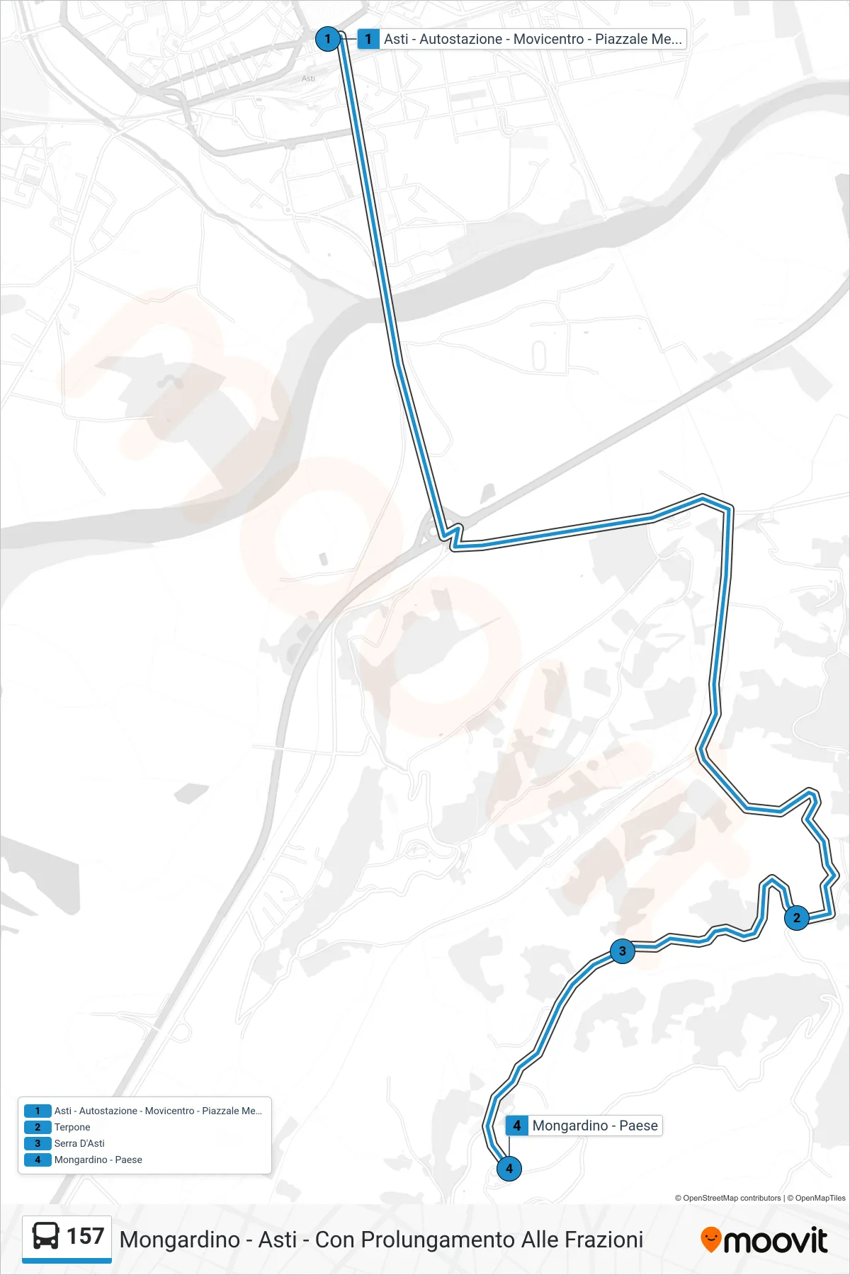 Linea 157 bus (Mongardino - Paese) - Percorsi e fermate sulla mappa