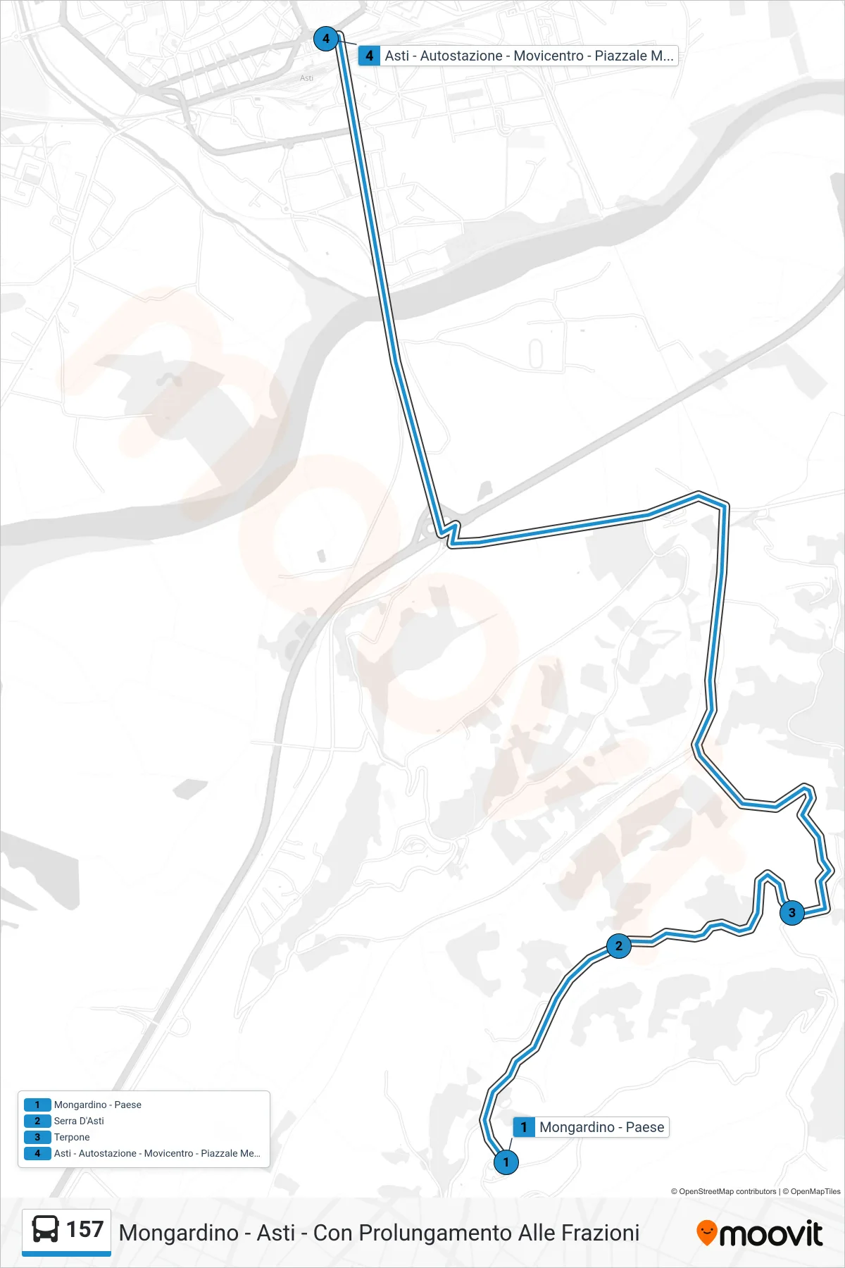 Linea 157  bus (Asti - Autostazione - Movicentro - Piazzale Medaglie D'Oro) - Percorsi e fermate sulla mappa