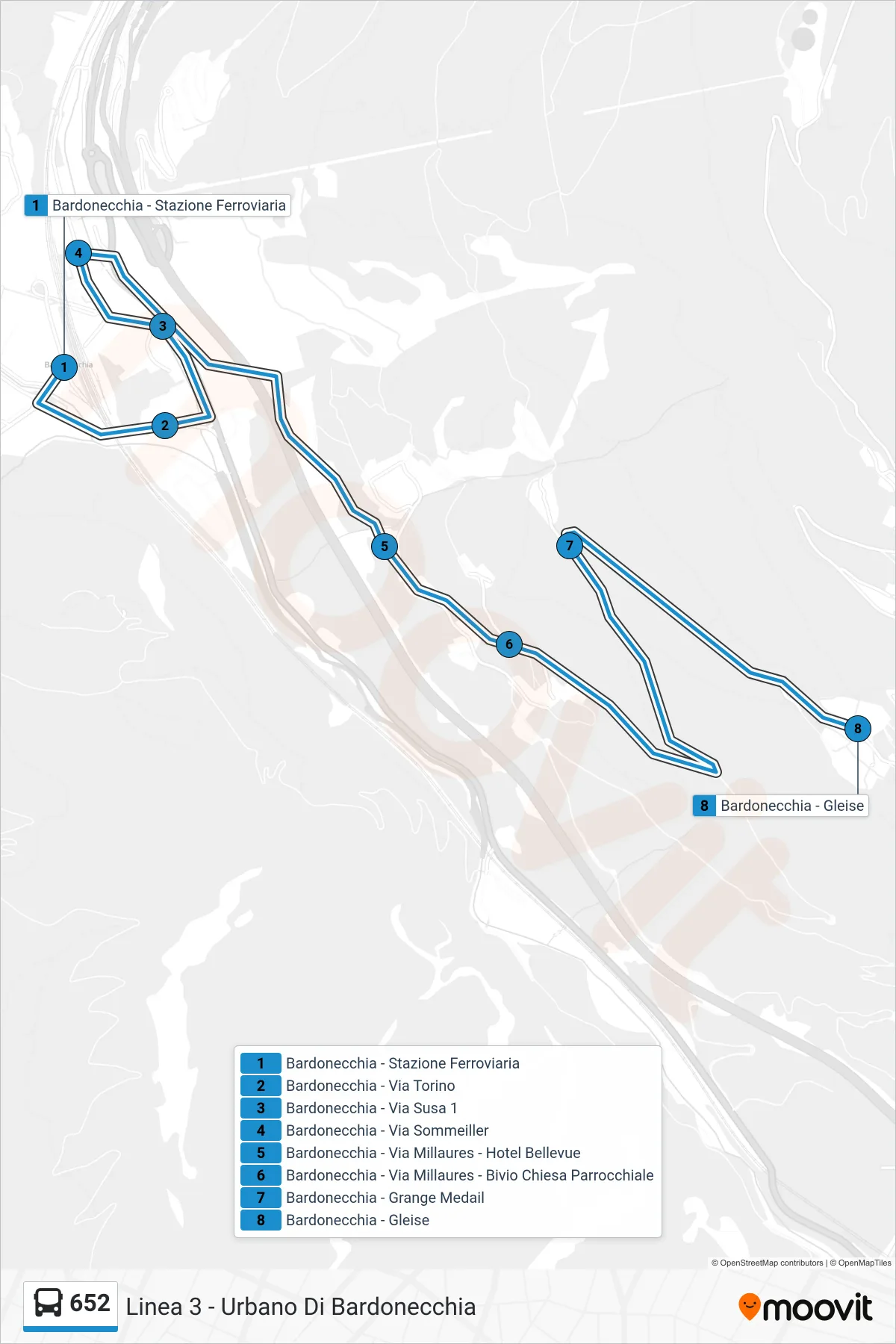 Linea 652  bus (Bardonecchia - Gleise) - Percorsi e fermate sulla mappa