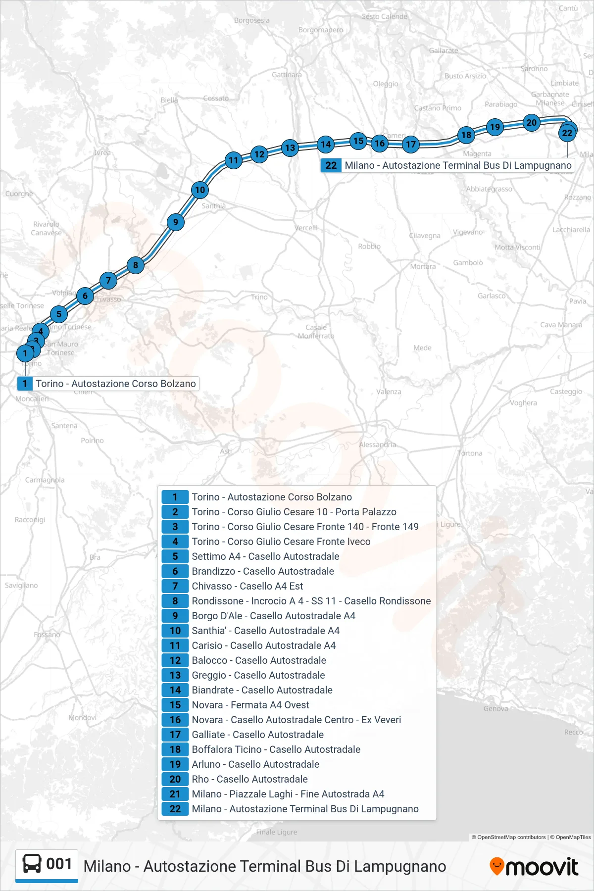 Linea 001 bus (Milano - Autostazione Terminal Bus Di Lampugnano) - Percorsi e fermate sulla mappa