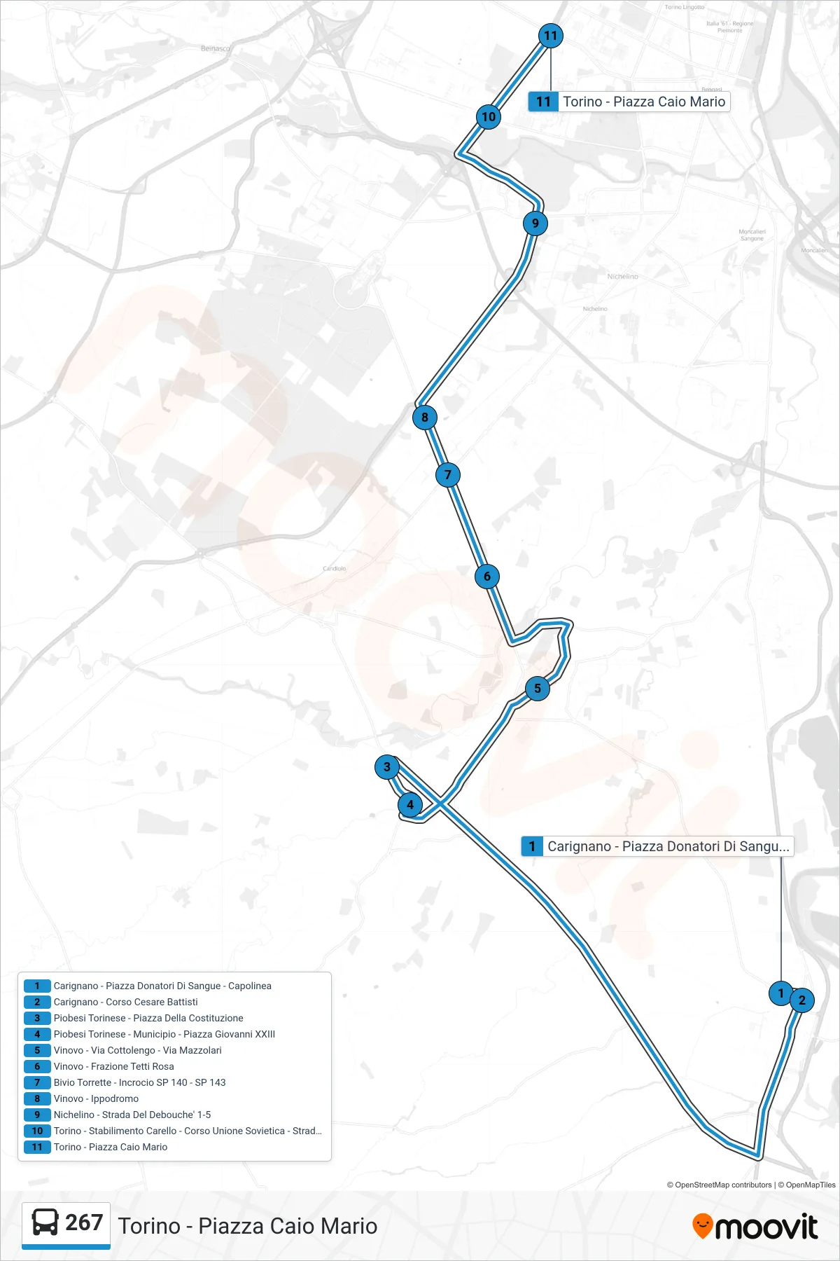 Linea 267  bus (Torino - Piazza Caio Mario) - Percorsi e fermate sulla mappa