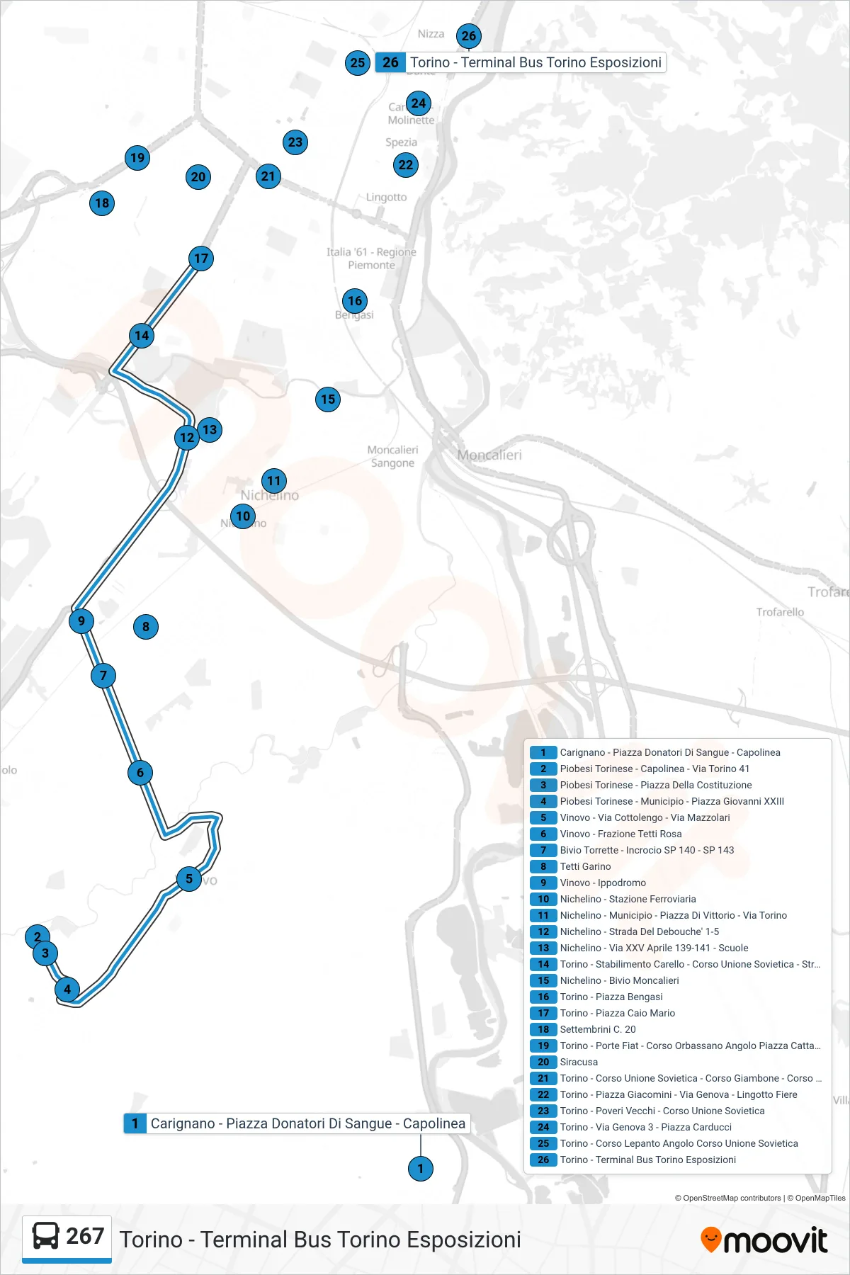 Linea 267  bus (Torino - Terminal Bus Torino Esposizioni) - Percorsi e fermate sulla mappa