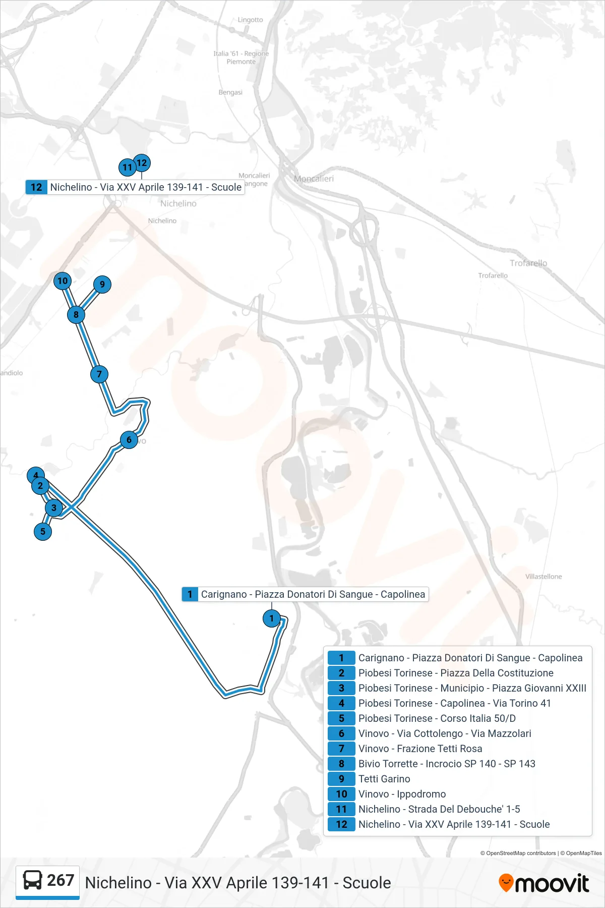 Linea 267  bus (Nichelino - Via XXV Aprile 139-141 - Scuole) - Percorsi e fermate sulla mappa