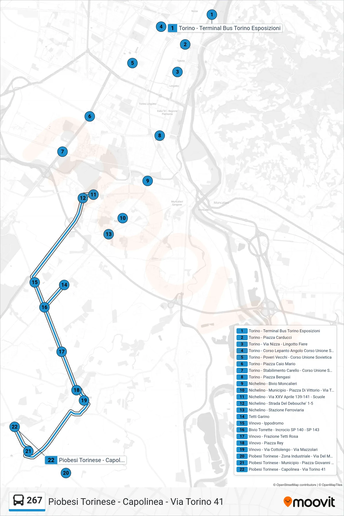 Linea 267  bus (Piobesi Torinese - Capolinea - Via Torino  41) - Percorsi e fermate sulla mappa