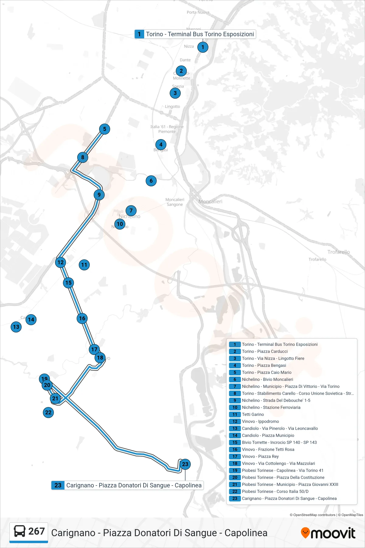 Linea 267 bus (Carignano - Piazza Donatori Di Sangue - Capolinea) - Percorsi e fermate sulla mappa