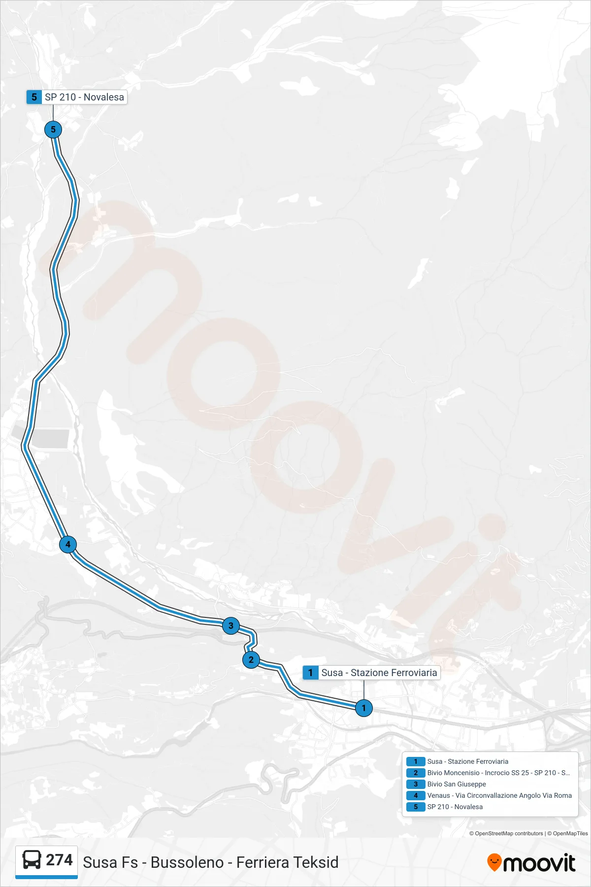 Linea 274  bus (SP 210 - Novalesa) - Percorsi e fermate sulla mappa