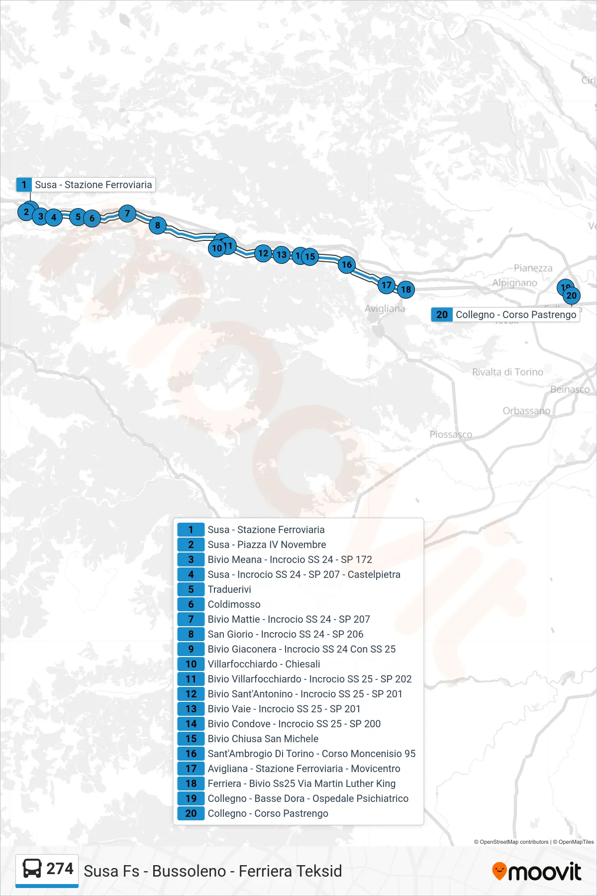 Linea 274  bus (Collegno - Corso Pastrengo) - Percorsi e fermate sulla mappa