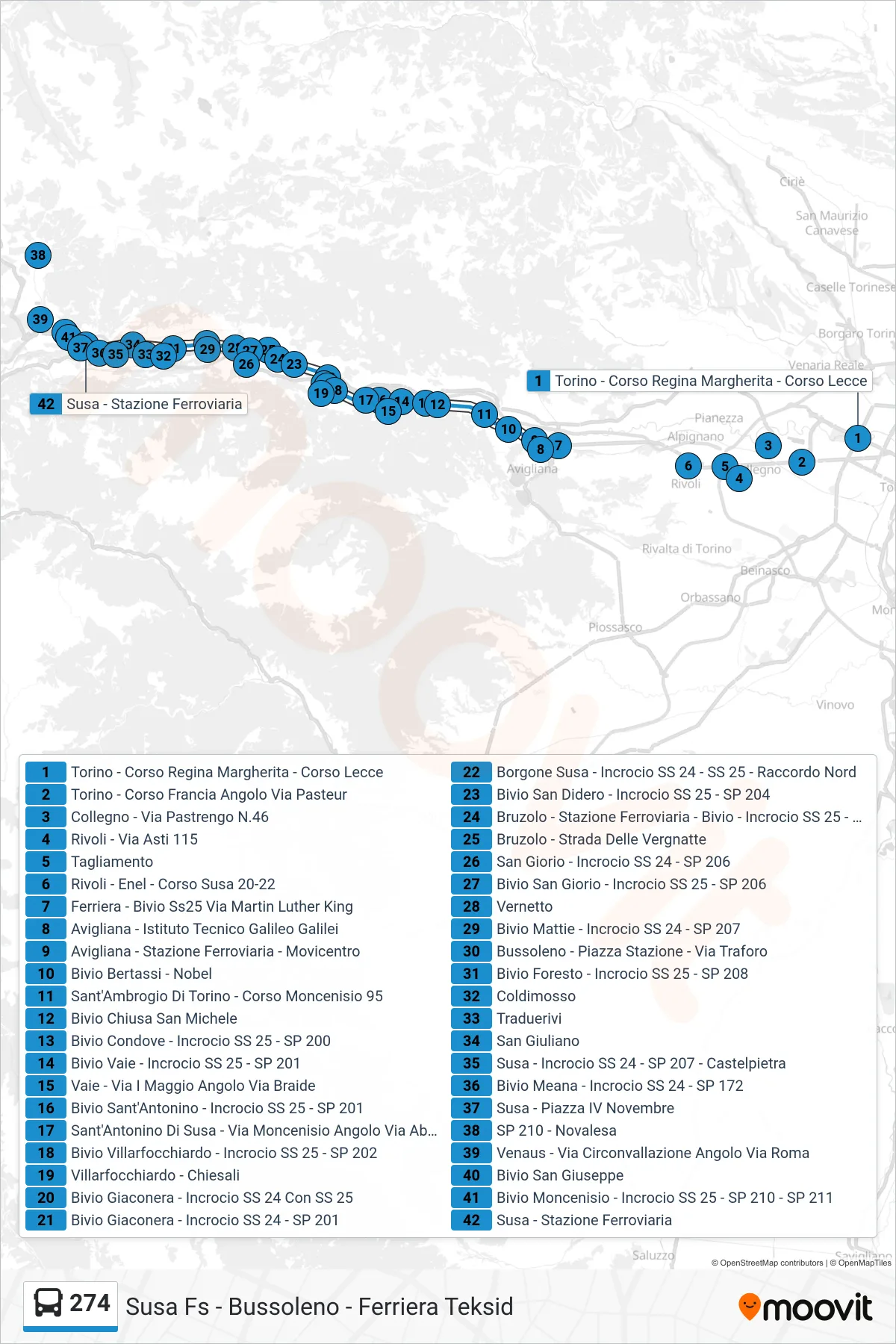 Linea 274  bus (Susa - Stazione Ferroviaria) - Percorsi e fermate sulla mappa