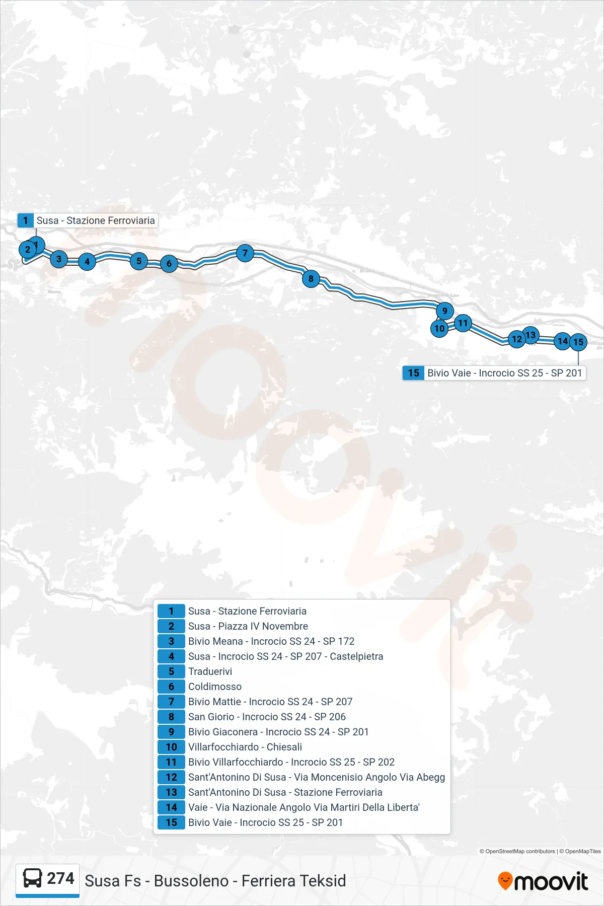 Linea 274  bus (Bivio Vaie - Incrocio SS 25 - SP 201) - Percorsi e fermate sulla mappa