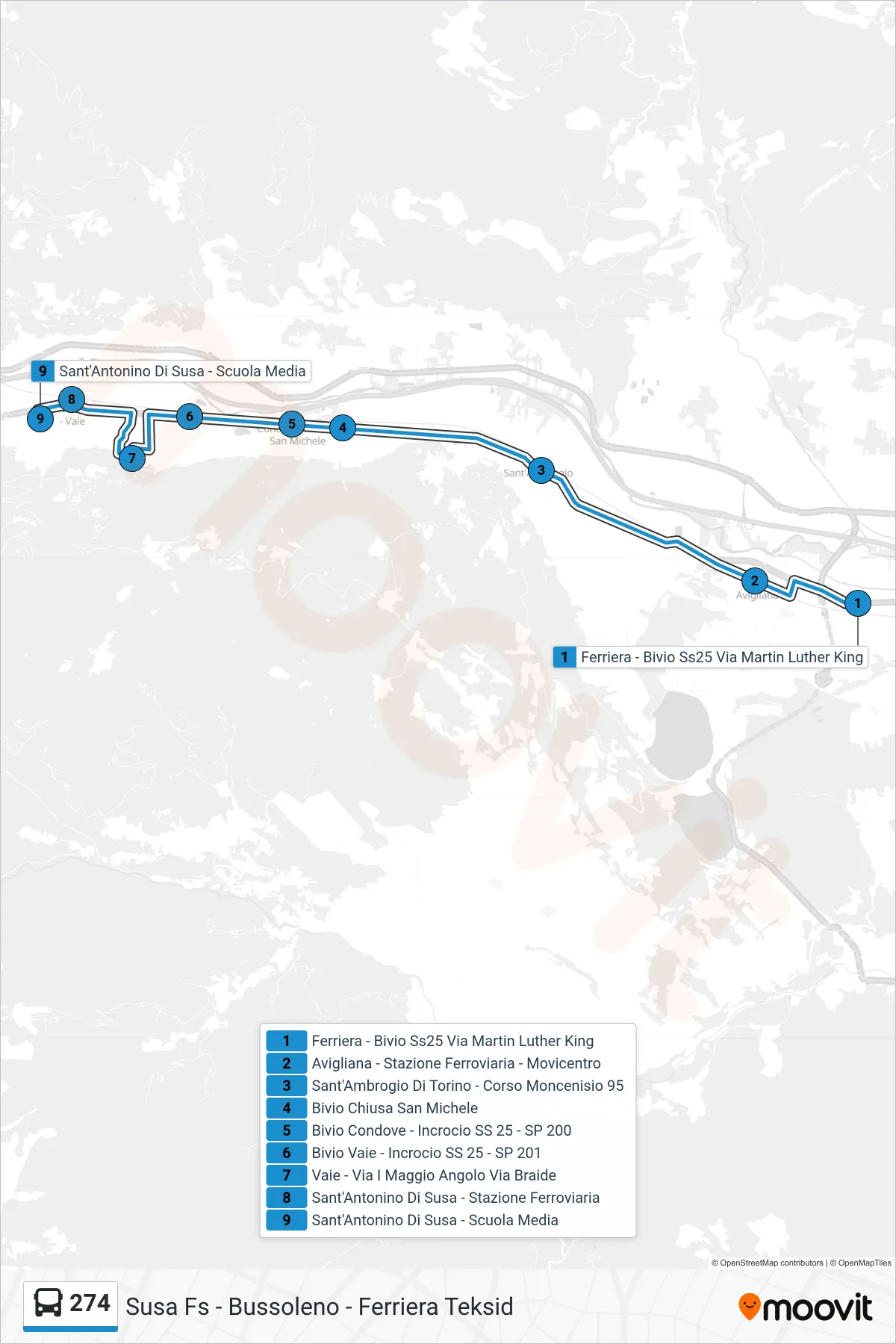 Linea 274 bus (Sant'Antonino Di Susa - Scuola Media) - Percorsi e fermate sulla mappa