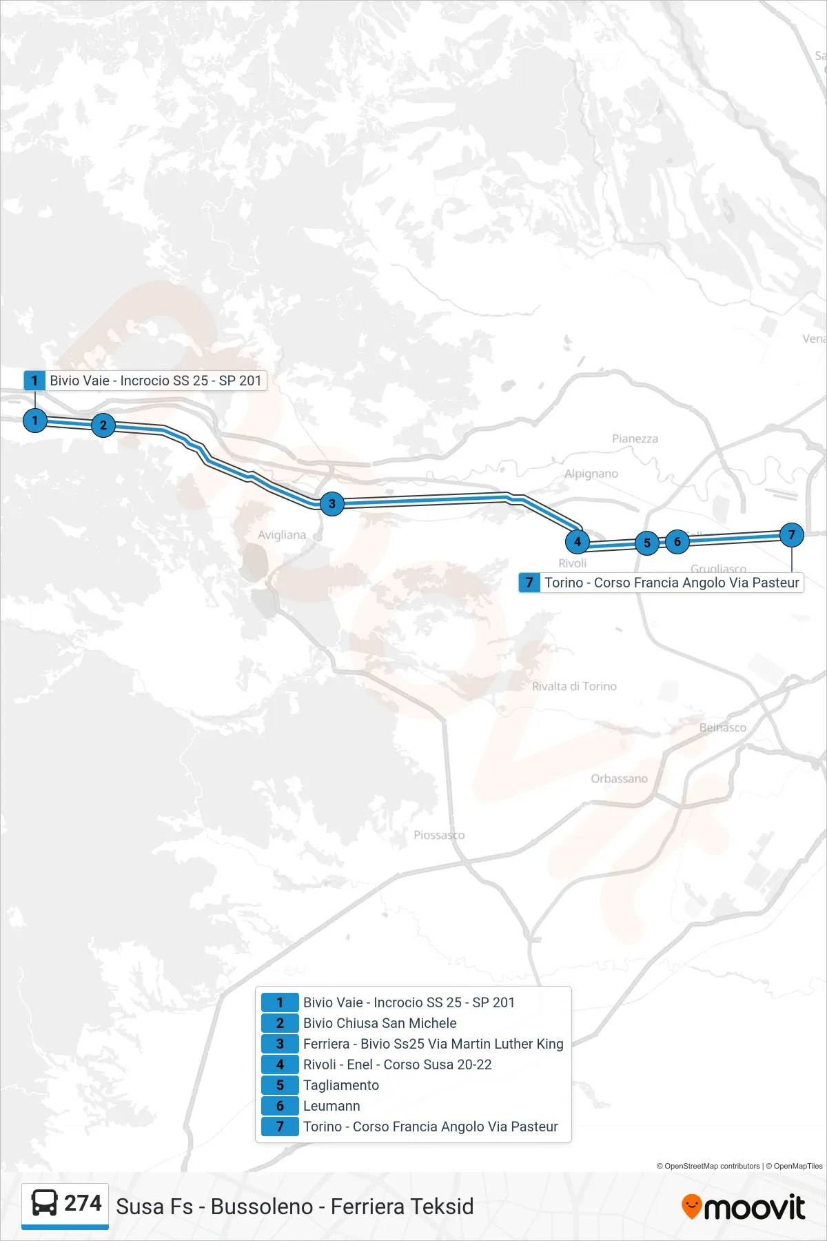 Linea 274 bus (Torino - Corso Francia Angolo Via Pasteur) - Percorsi e fermate sulla mappa