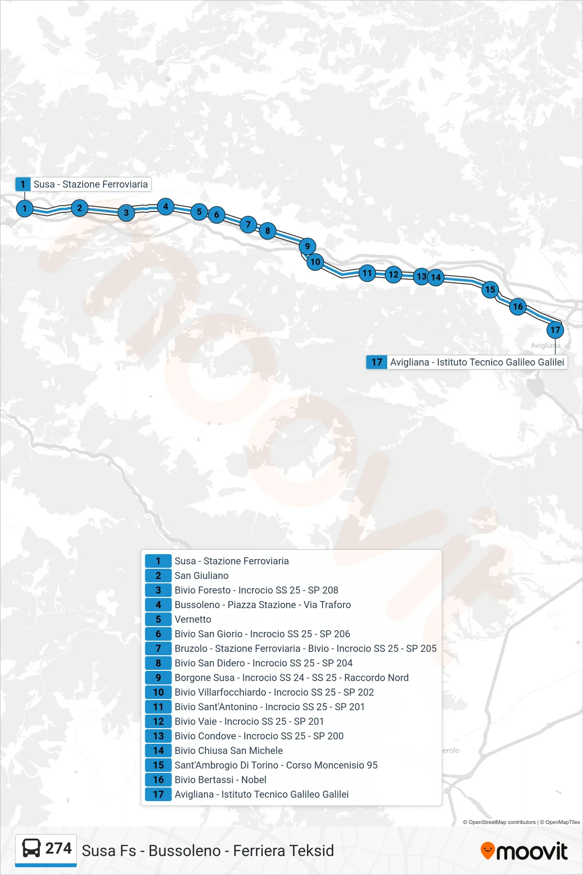 Linea 274  bus (Avigliana - Istituto Tecnico Galileo Galilei) - Percorsi e fermate sulla mappa