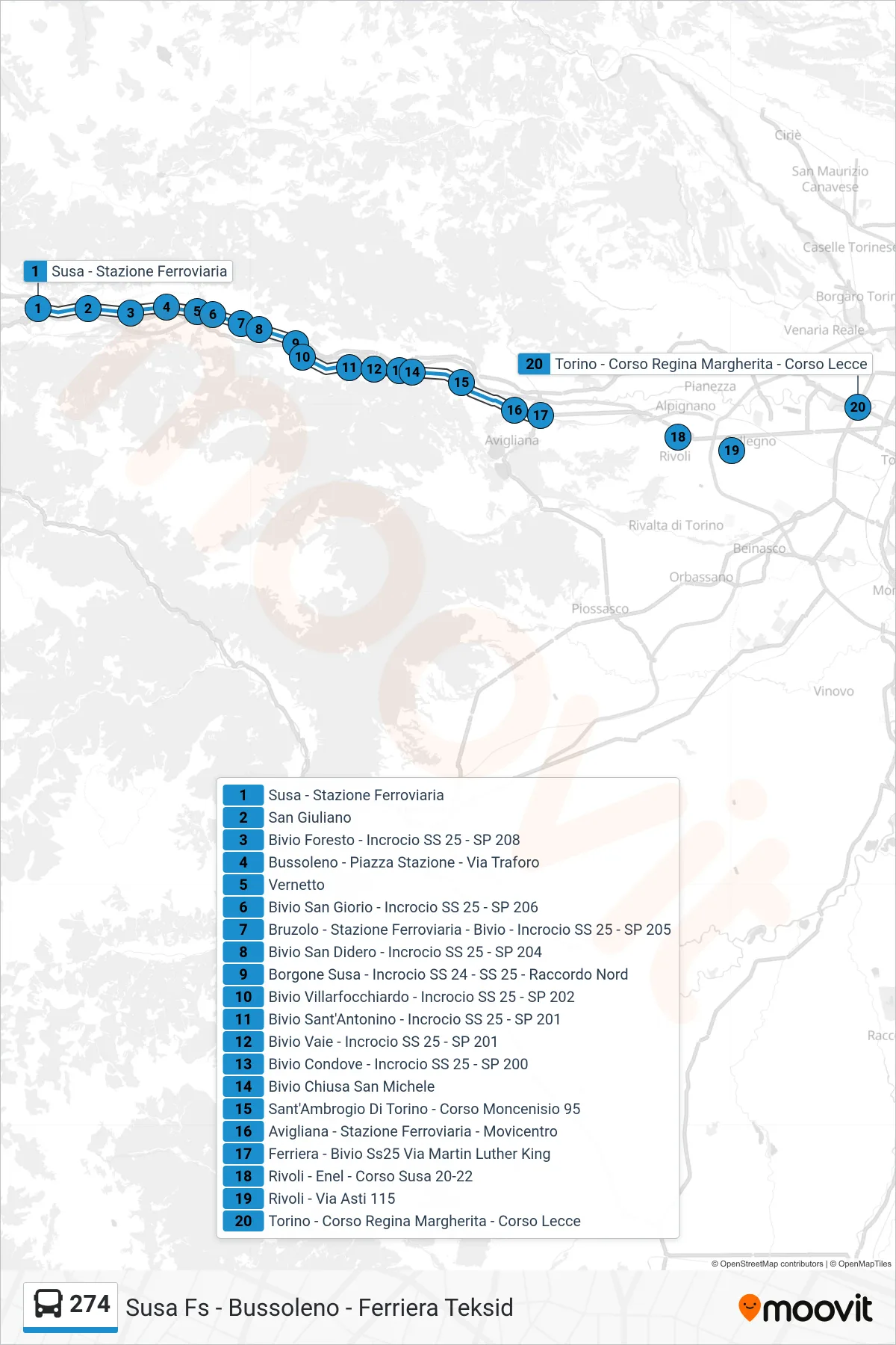 Linea 274  bus (Torino - Corso Regina Margherita - Corso Lecce) - Percorsi e fermate sulla mappa
