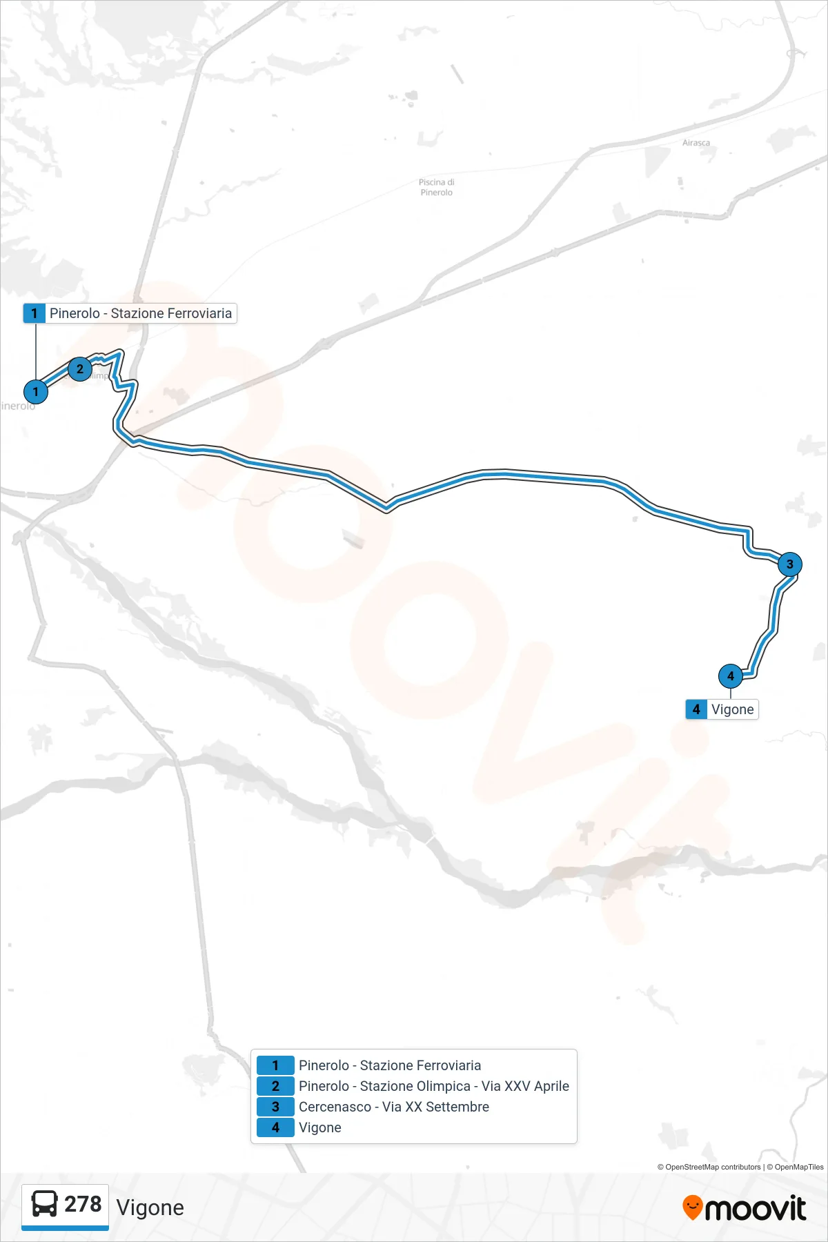 Linea 278  bus (Vigone) - Percorsi e fermate sulla mappa