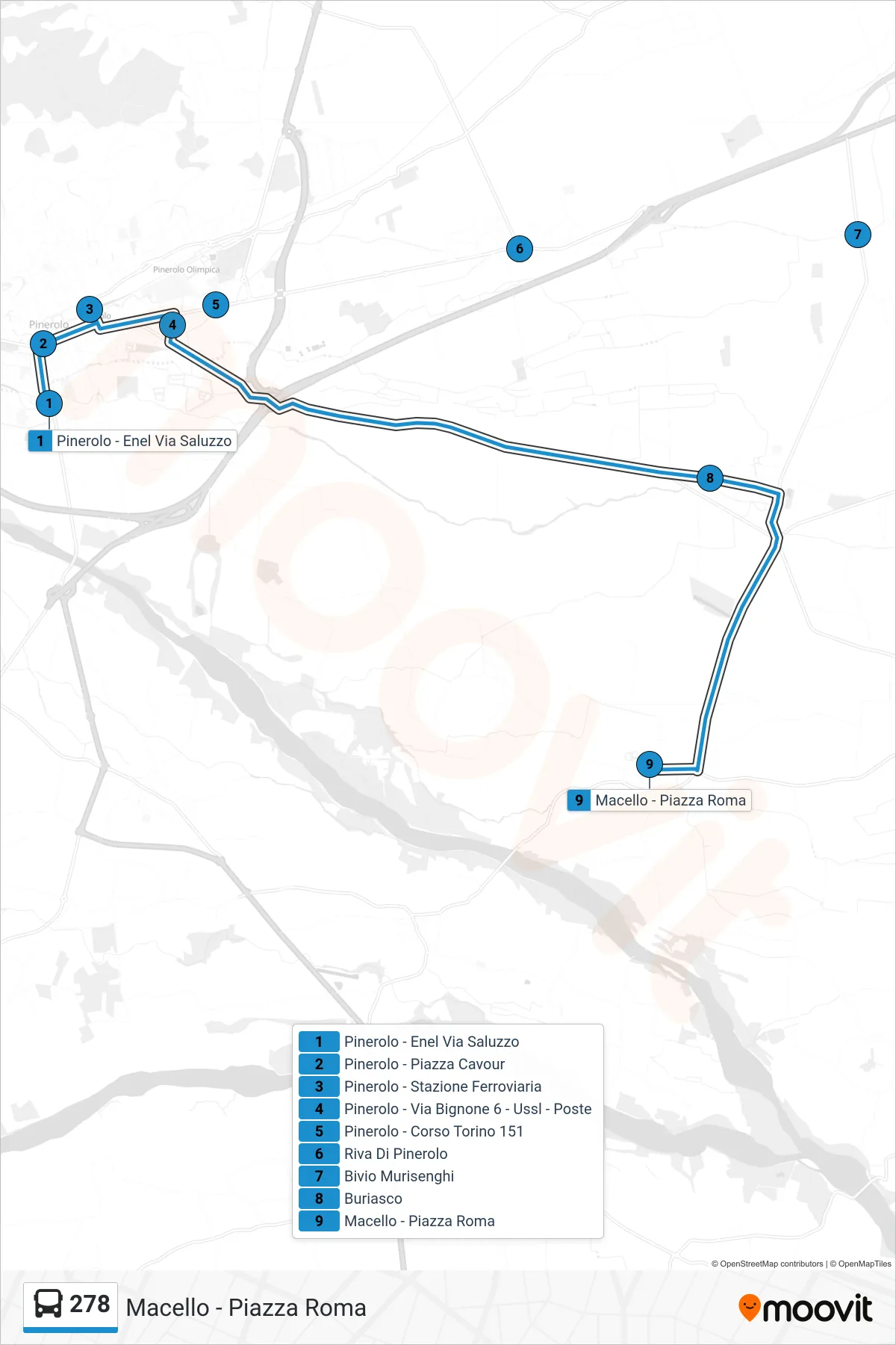Linea 278  bus (Macello - Piazza Roma) - Percorsi e fermate sulla mappa