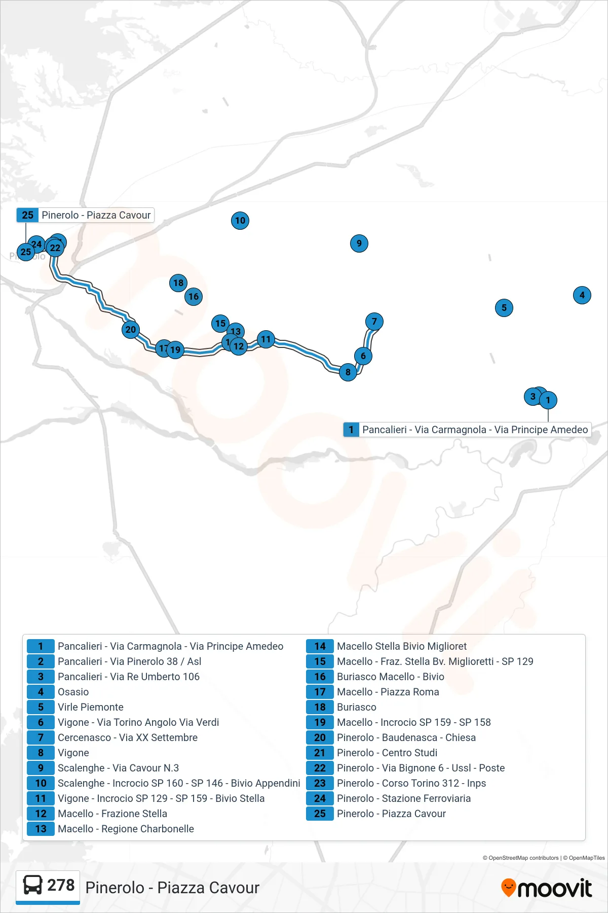 Linea 278  bus (Pinerolo - Piazza Cavour) - Percorsi e fermate sulla mappa