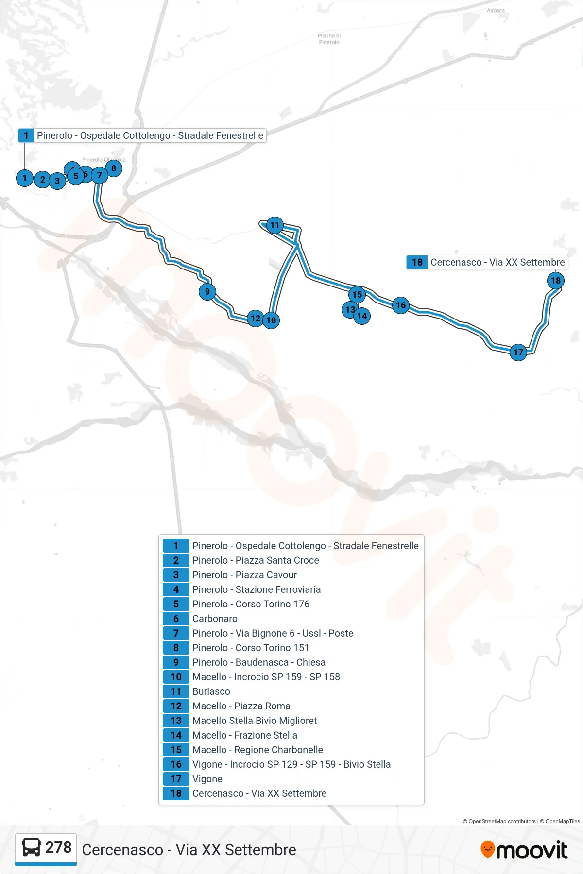 Linea 278 bus (Cercenasco - Via XX Settembre) - Percorsi e fermate sulla mappa