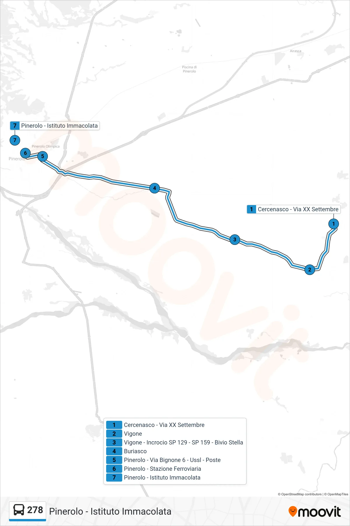 Linea 278 bus (Pinerolo - Istituto Immacolata) - Percorsi e fermate sulla mappa