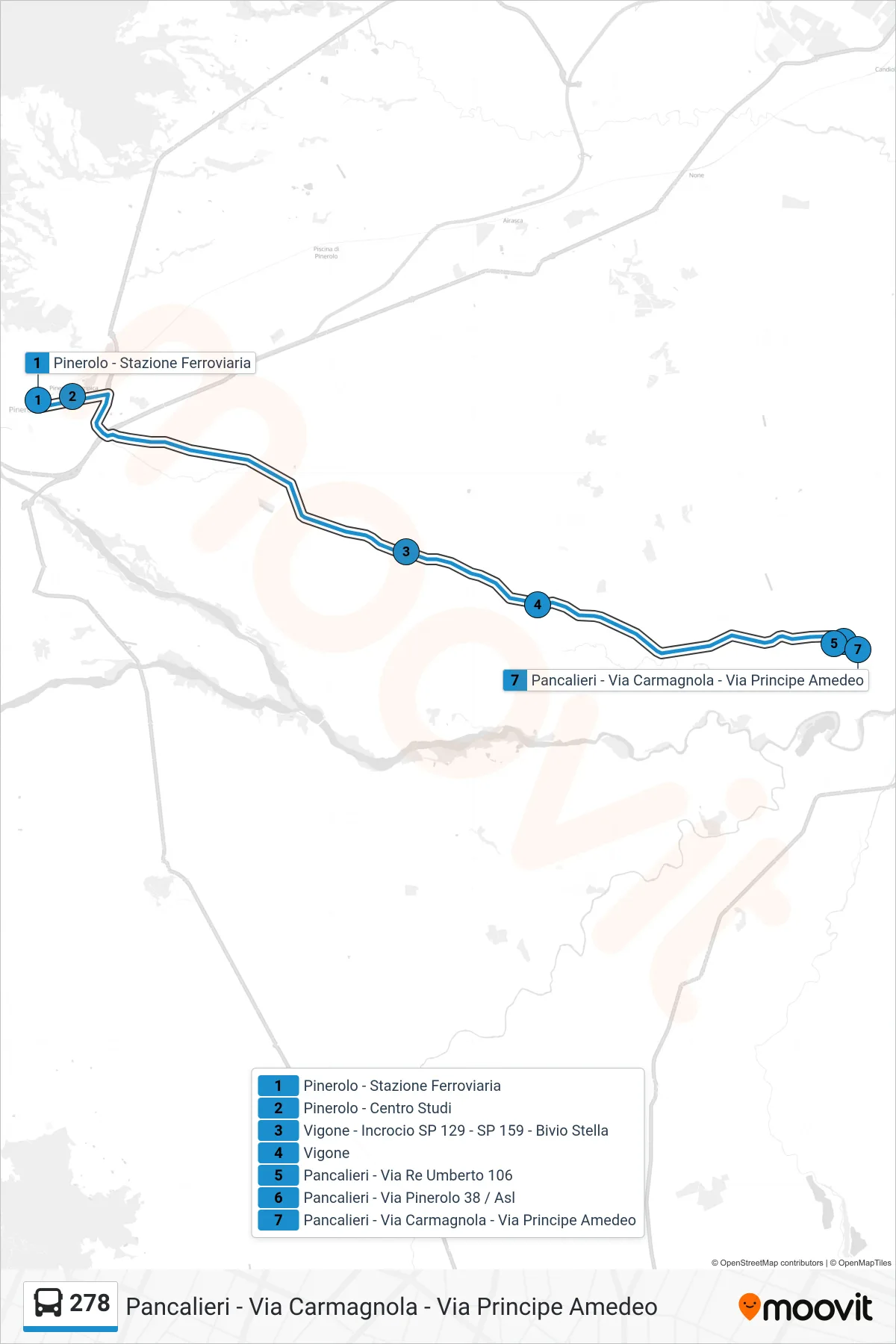Linea 278  bus (Pancalieri - Via Carmagnola - Via Principe Amedeo) - Percorsi e fermate sulla mappa