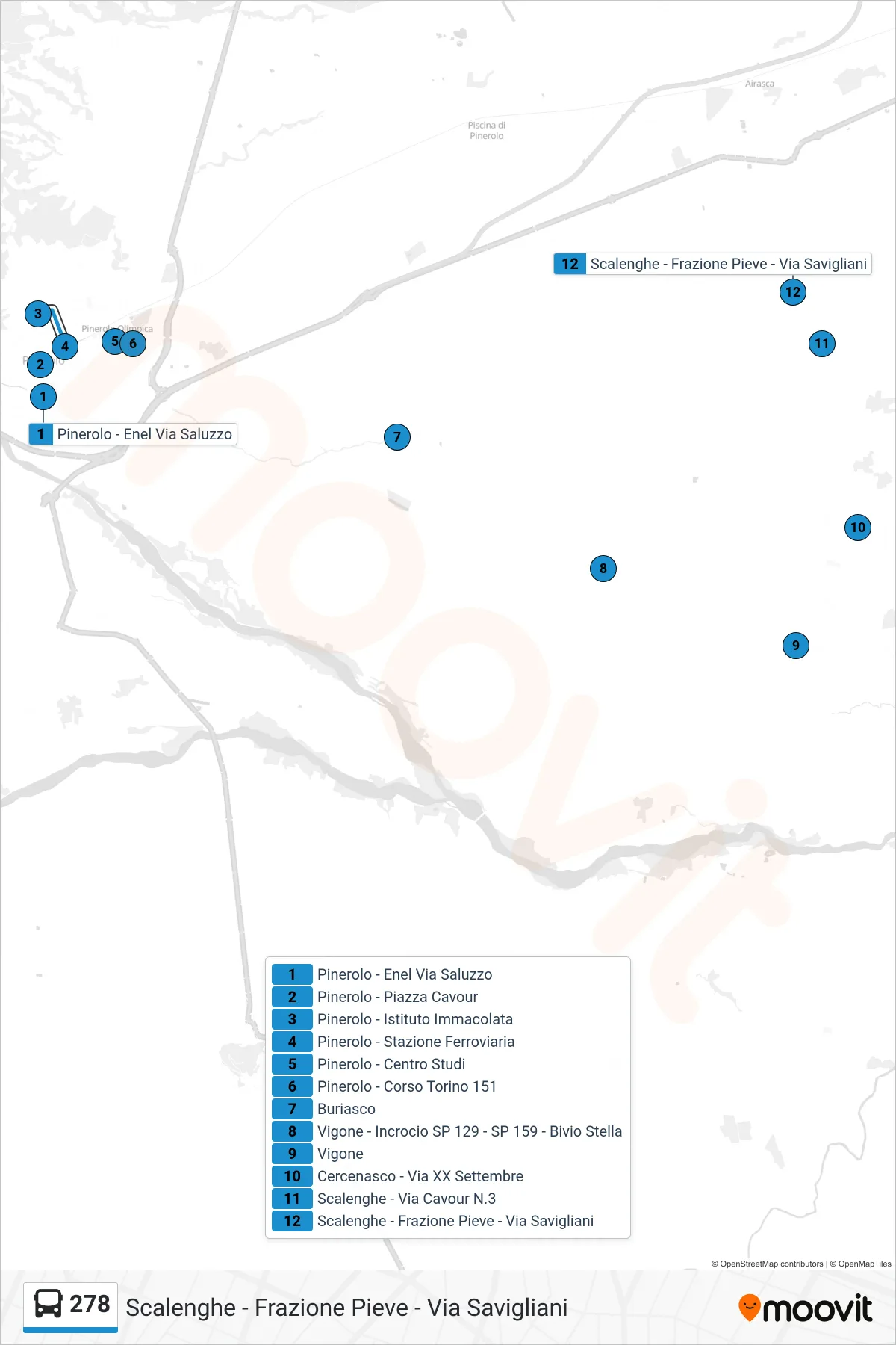 Linea 278 bus (Scalenghe - Frazione Pieve - Via Savigliani) - Percorsi e fermate sulla mappa