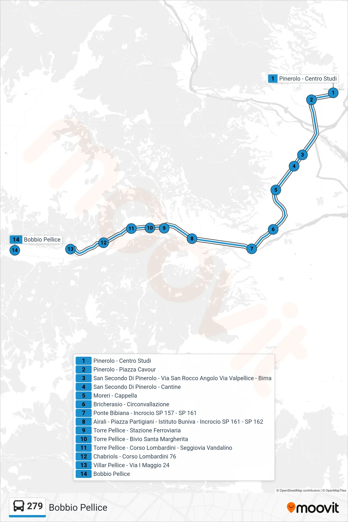 Linea 279 bus (Bobbio Pellice) - Percorsi e fermate sulla mappa