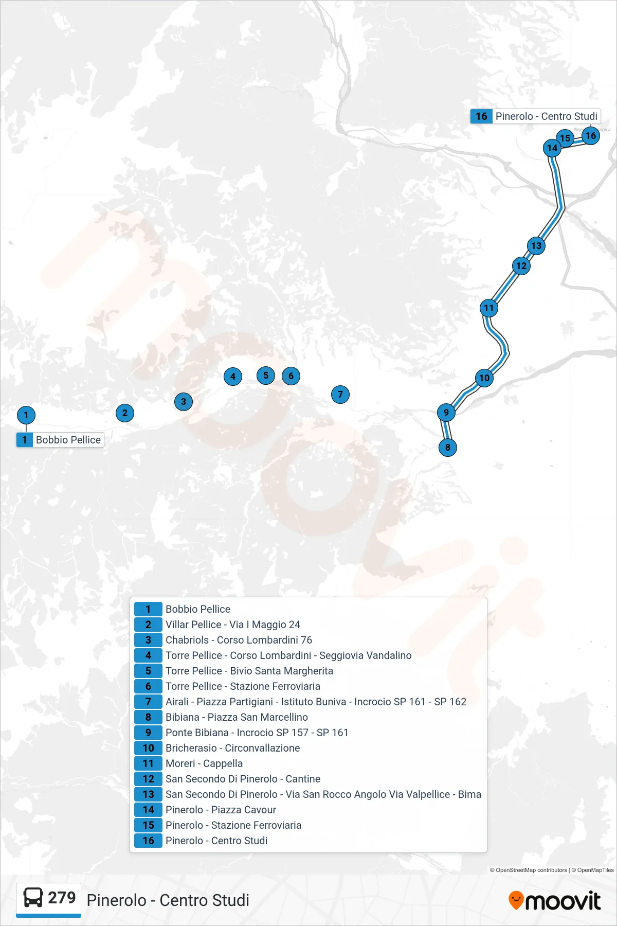 Linea 279  bus (Pinerolo - Centro Studi) - Percorsi e fermate sulla mappa