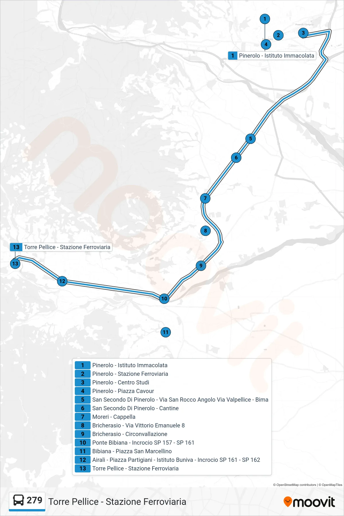 Linea 279 bus (Torre Pellice - Stazione Ferroviaria) - Percorsi e fermate sulla mappa