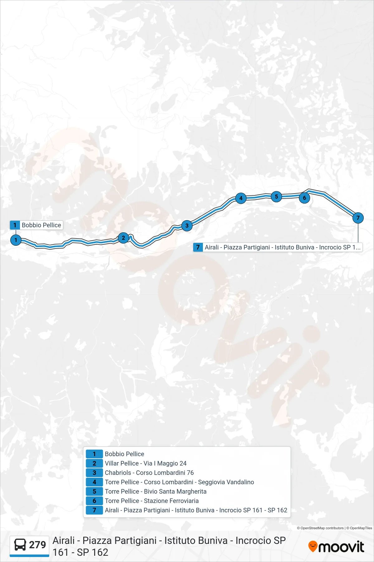 Linea 279 bus (Airali - Piazza Partigiani - Istituto Buniva - Incrocio SP 161 - SP 162) - Percorsi e fermate sulla mappa