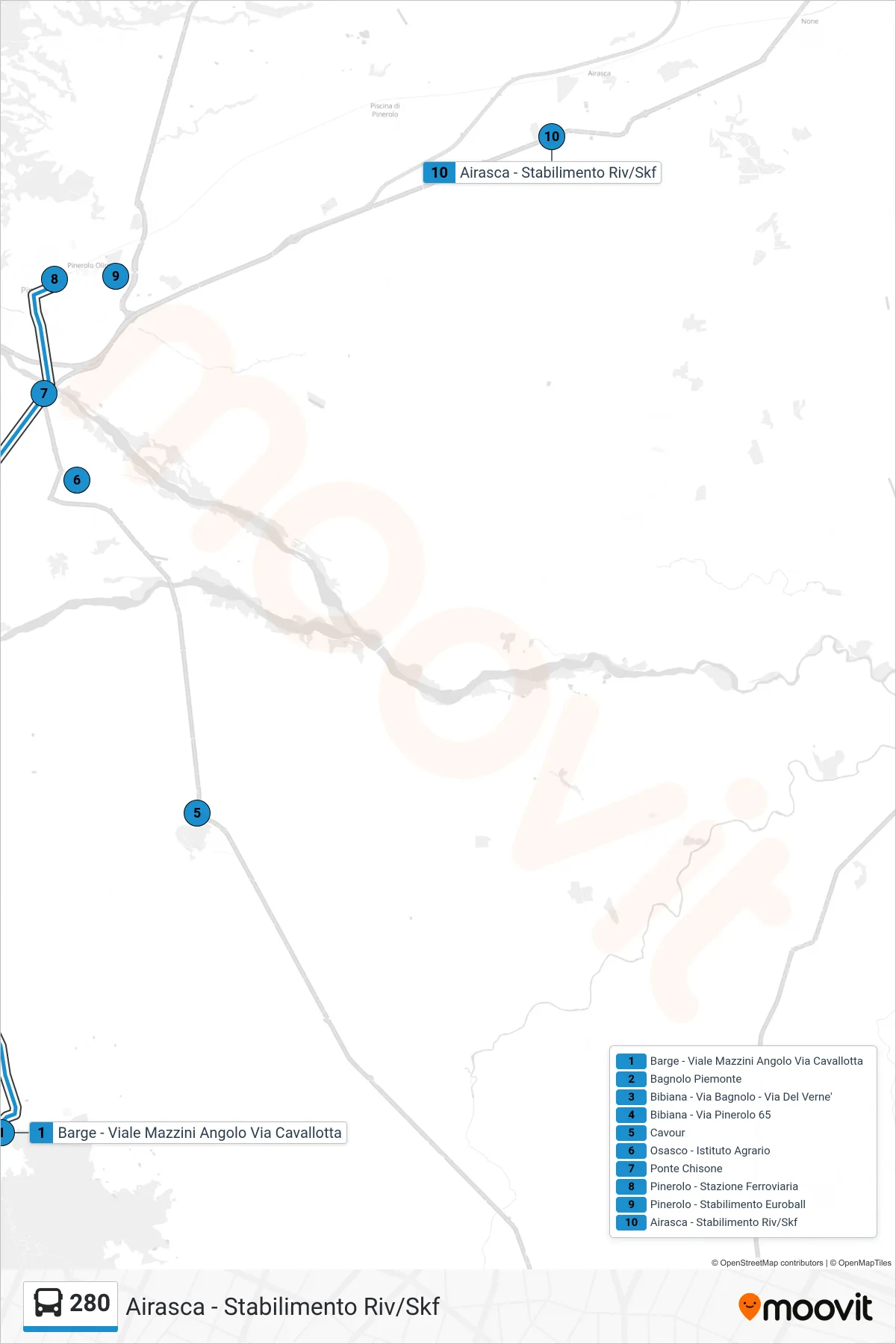 Linea 280 bus (Airasca - Stabilimento Riv/Skf) - Percorsi e fermate sulla mappa