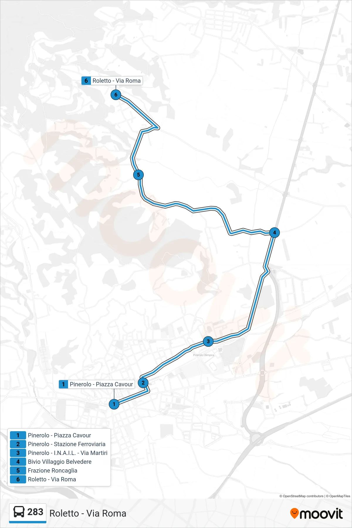 Linea 283  bus (Roletto - Via Roma) - Percorsi e fermate sulla mappa