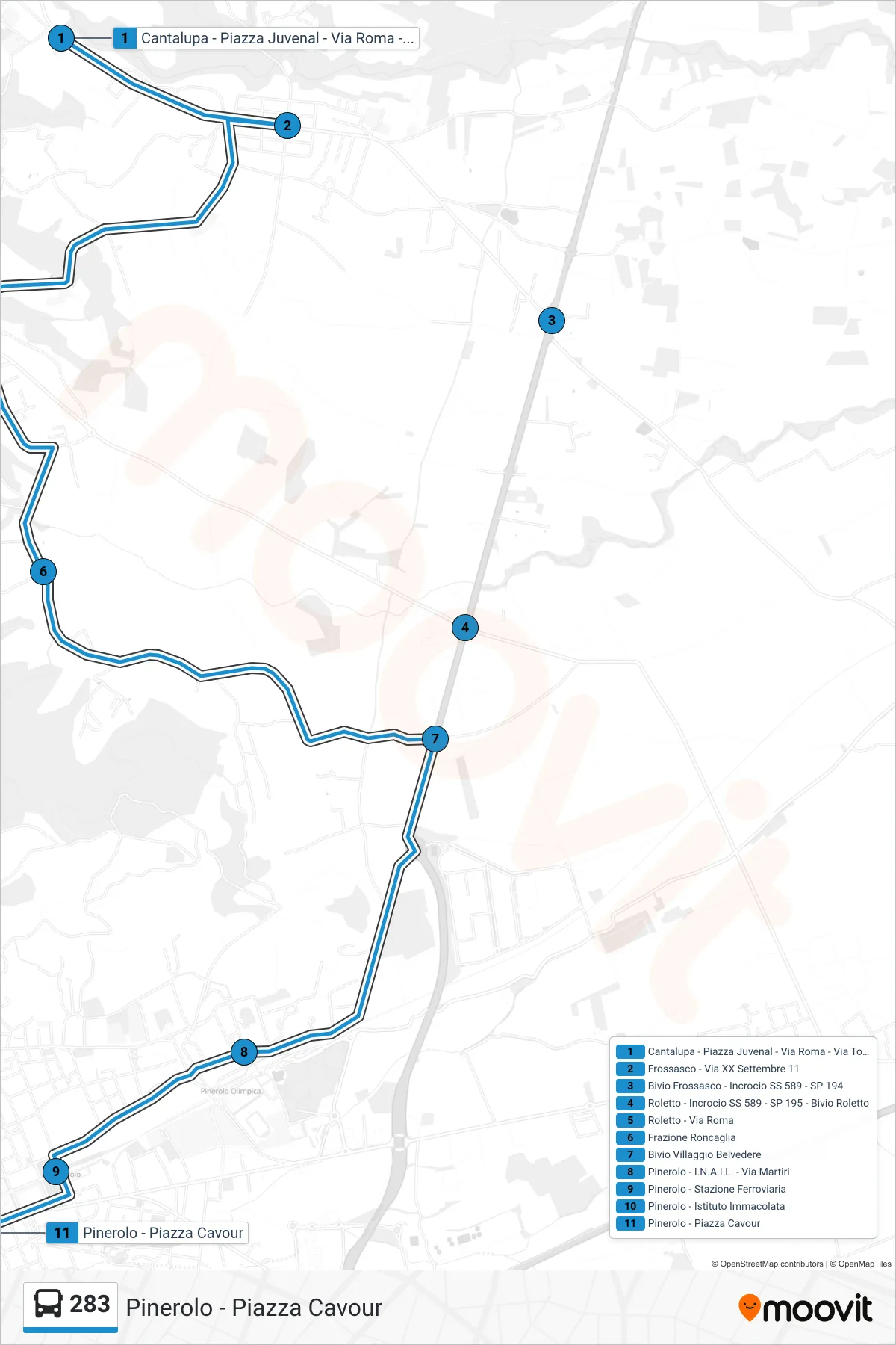 Linea 283  bus (Pinerolo - Piazza Cavour) - Percorsi e fermate sulla mappa