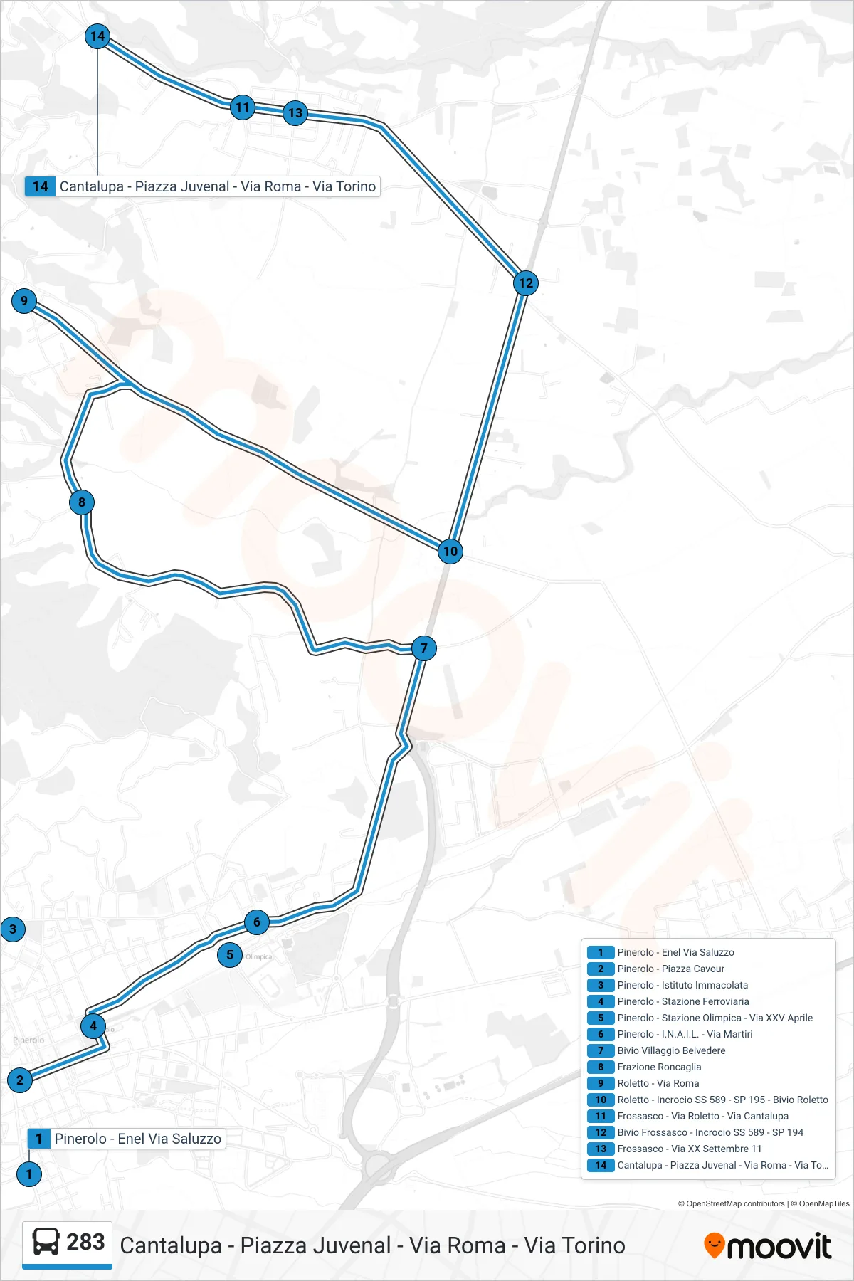 Linea 283 bus (Cantalupa - Piazza Juvenal - Via Roma - Via Torino) - Percorsi e fermate sulla mappa
