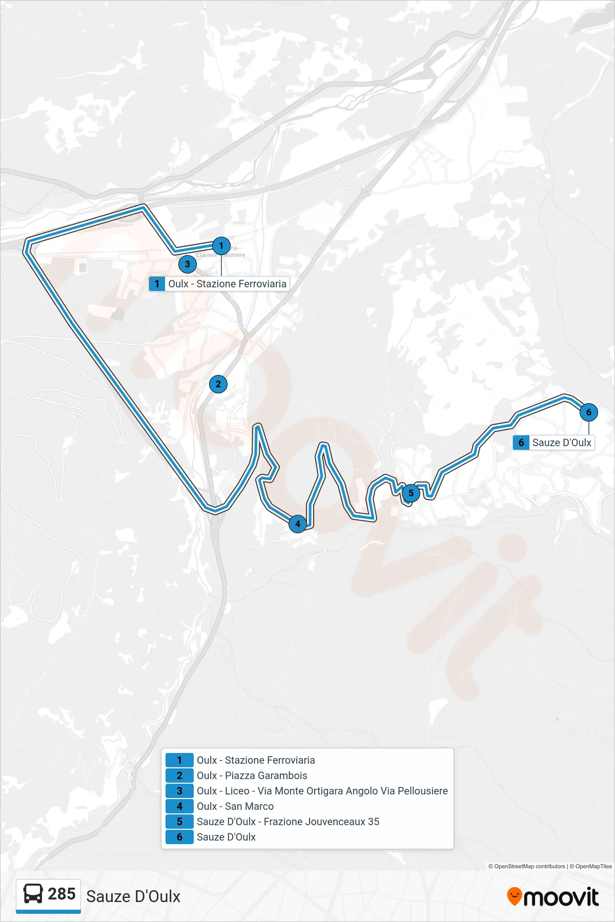 285 bus Line (Sauze D'Oulx) route and stops on a map