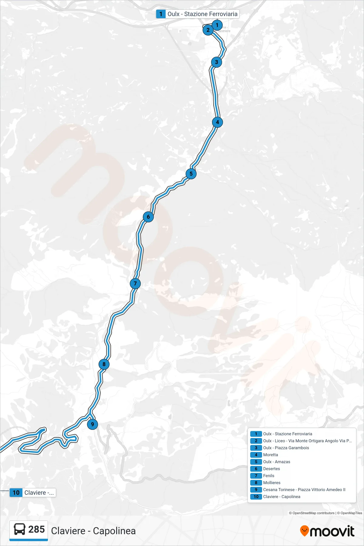Linea 285 bus (Claviere - Capolinea) - Percorsi e fermate sulla mappa