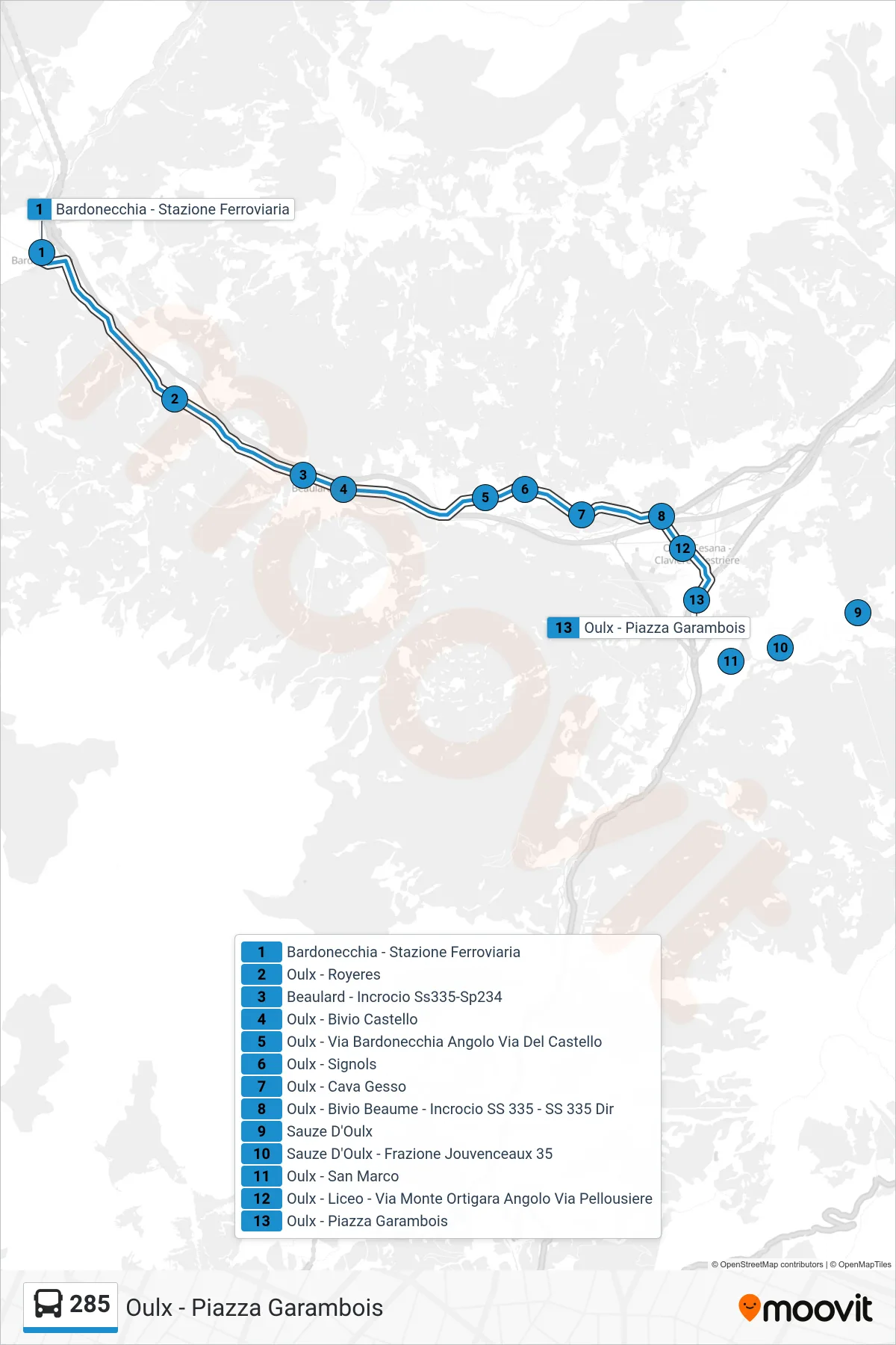 Linea 285 bus (Oulx - Piazza Garambois) - Percorsi e fermate sulla mappa