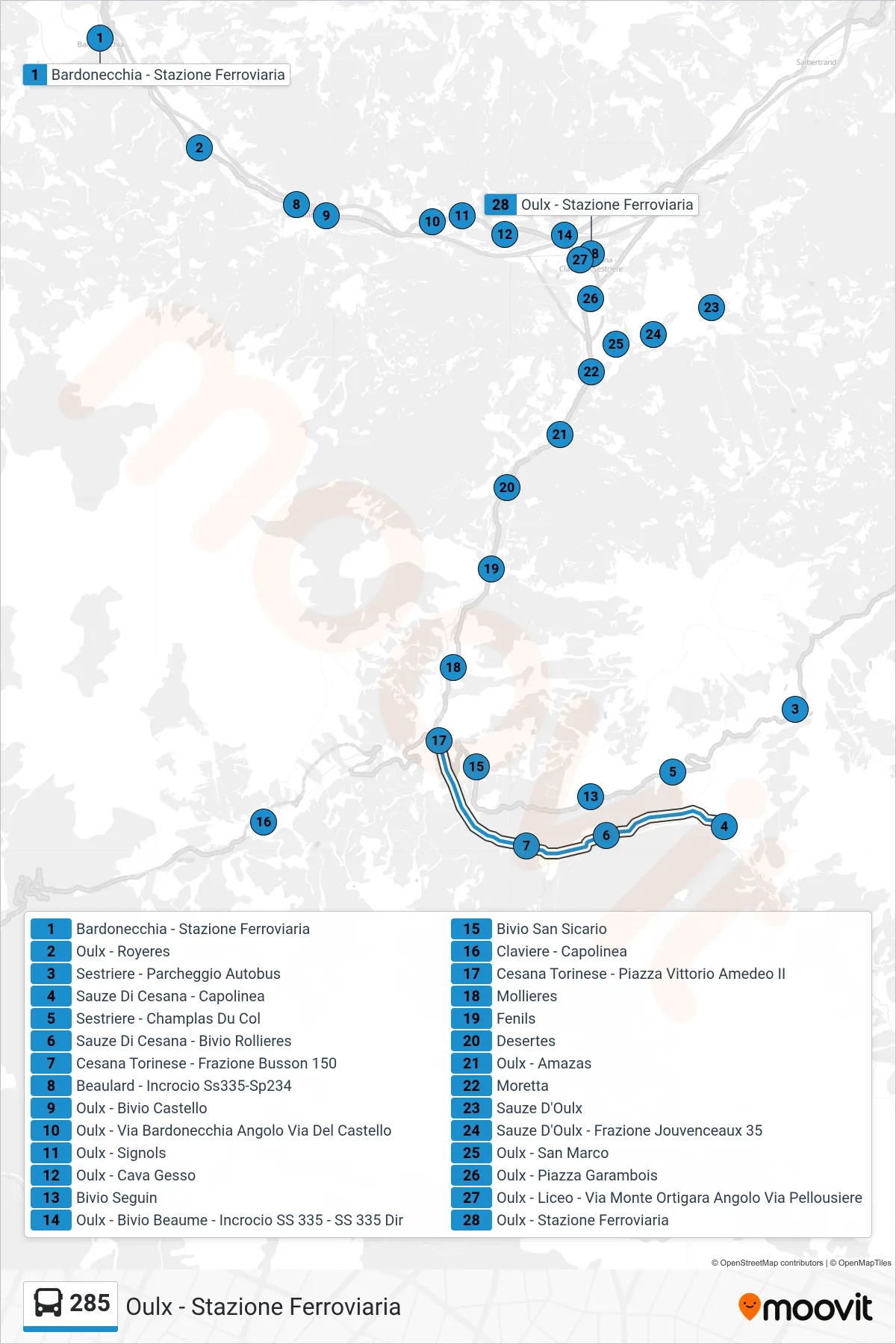 Linea 285 bus (Oulx - Stazione Ferroviaria) - Percorsi e fermate sulla mappa