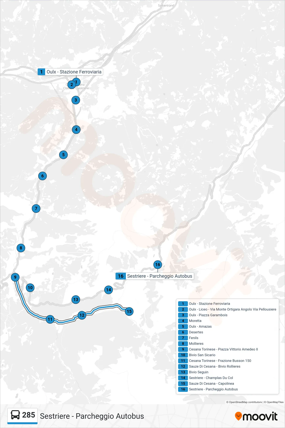 Linea 285 bus (Sestriere - Parcheggio Autobus) - Percorsi e fermate sulla mappa