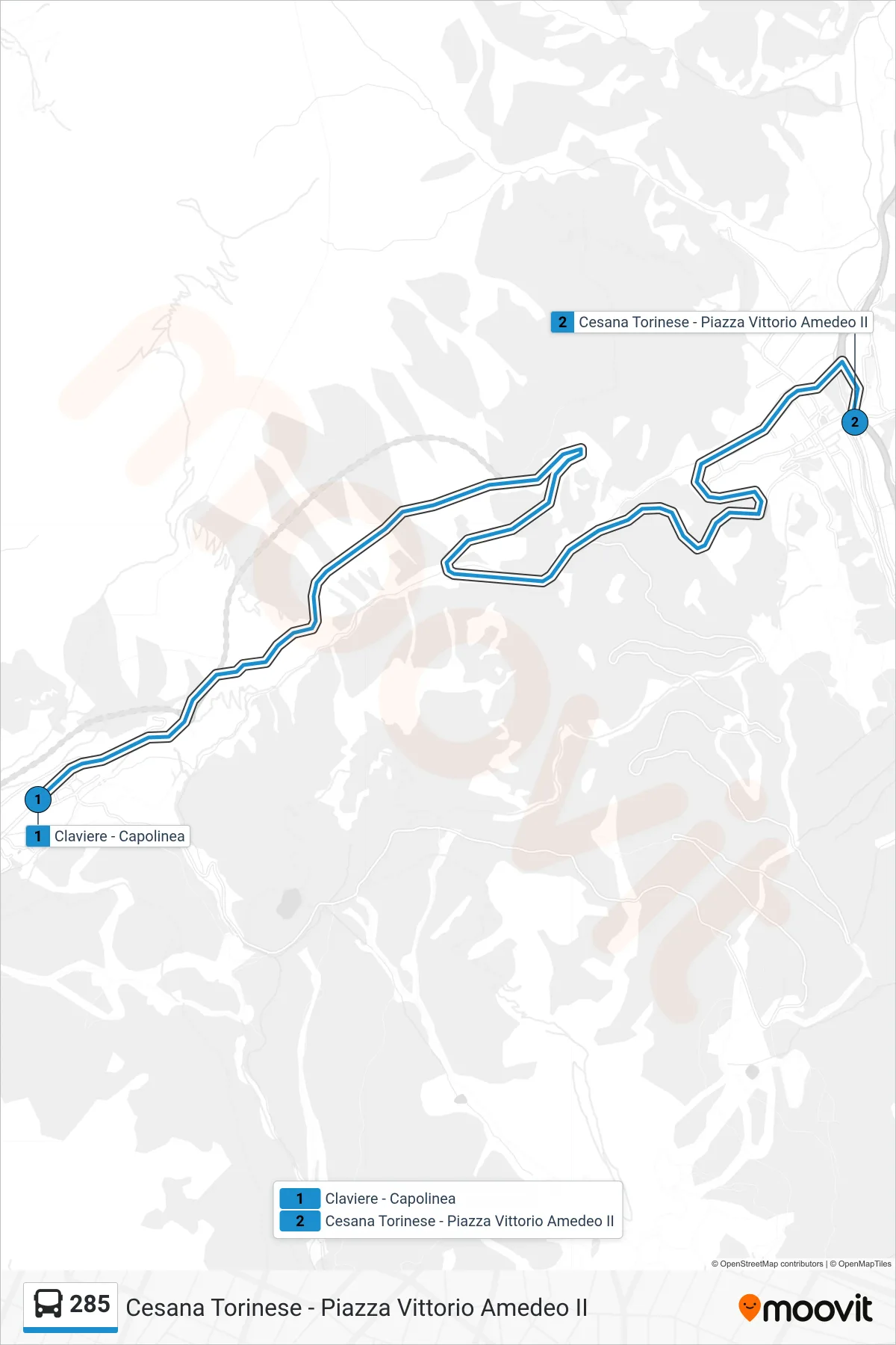 Linea 285 bus (Cesana Torinese - Piazza Vittorio Amedeo II) - Percorsi e fermate sulla mappa