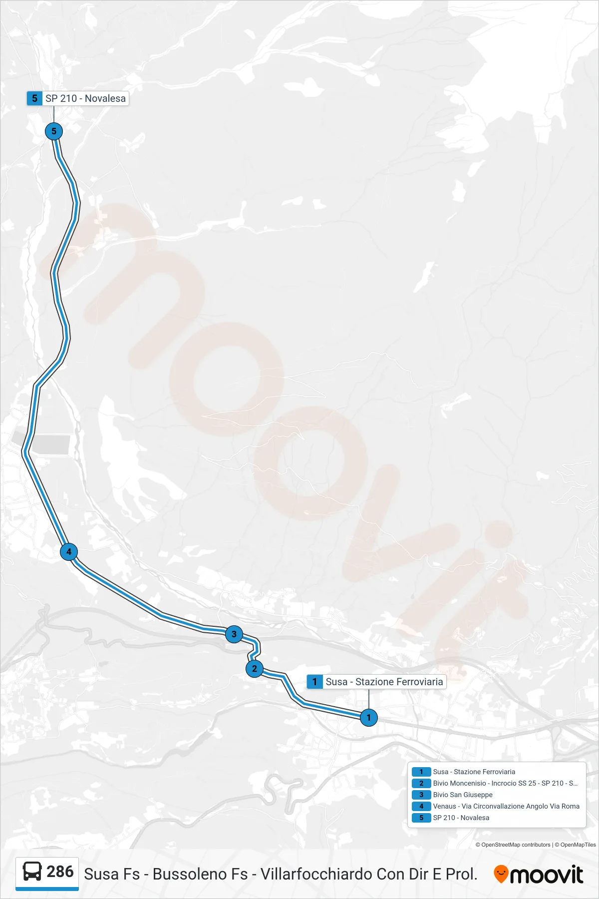 286 bus Line (SP 210 - Novalesa) route and stops on a map