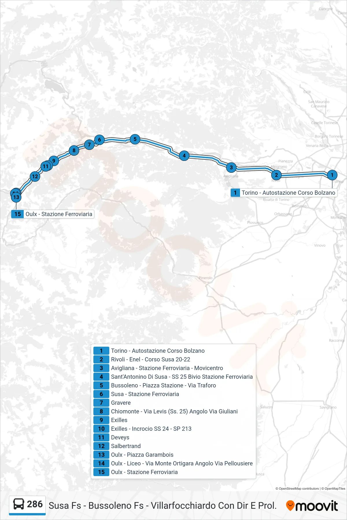 Linea 286 bus (Oulx - Stazione Ferroviaria) - Percorsi e fermate sulla mappa