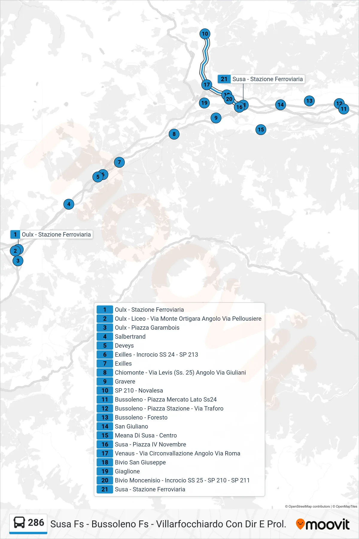 Linea 286  bus (Susa - Stazione Ferroviaria) - Percorsi e fermate sulla mappa