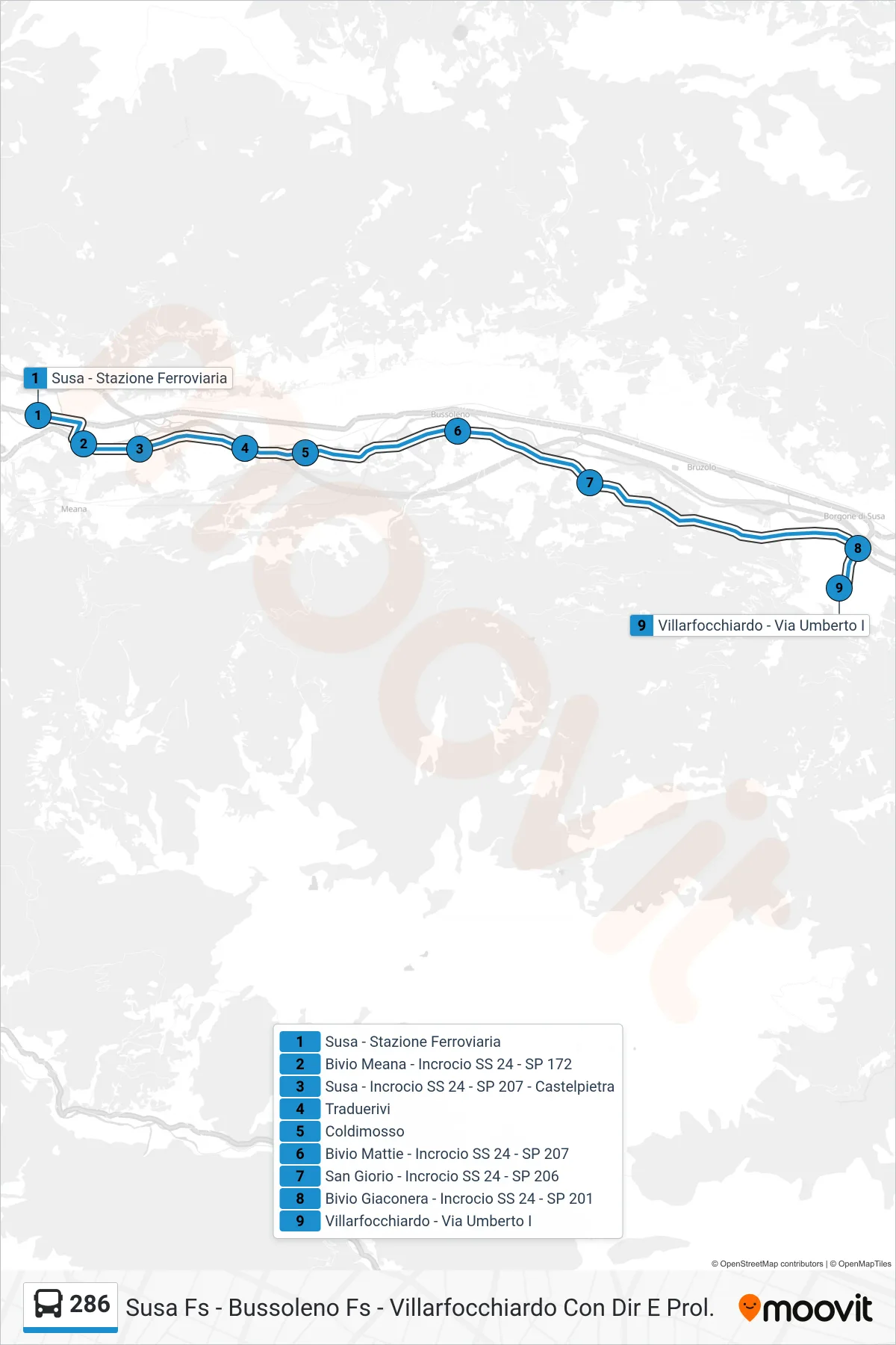 Linea 286 bus (Villarfocchiardo - Via Umberto I) - Percorsi e fermate sulla mappa