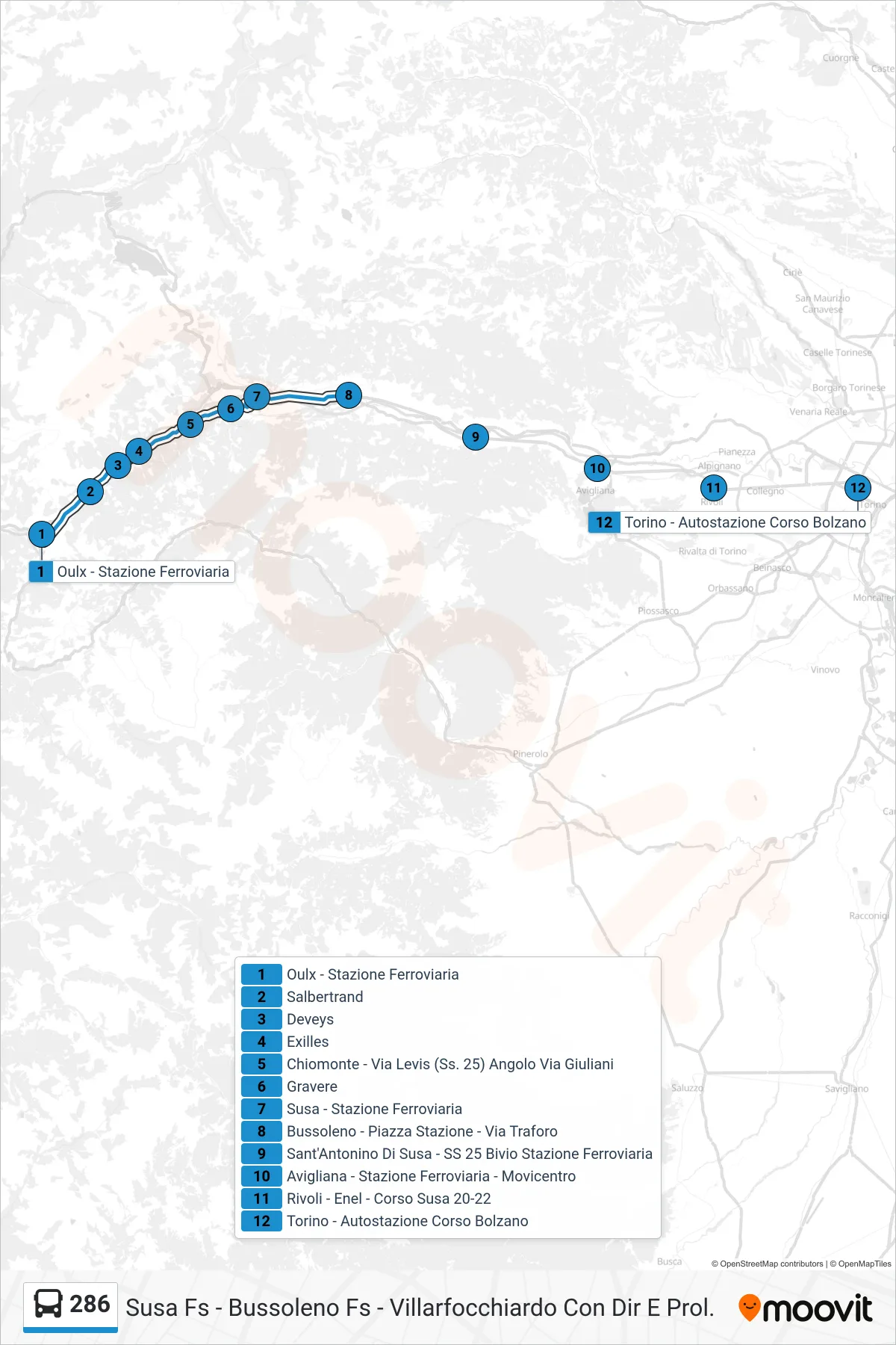 Linea 286 bus (Torino - Autostazione Corso Bolzano) - Percorsi e fermate sulla mappa