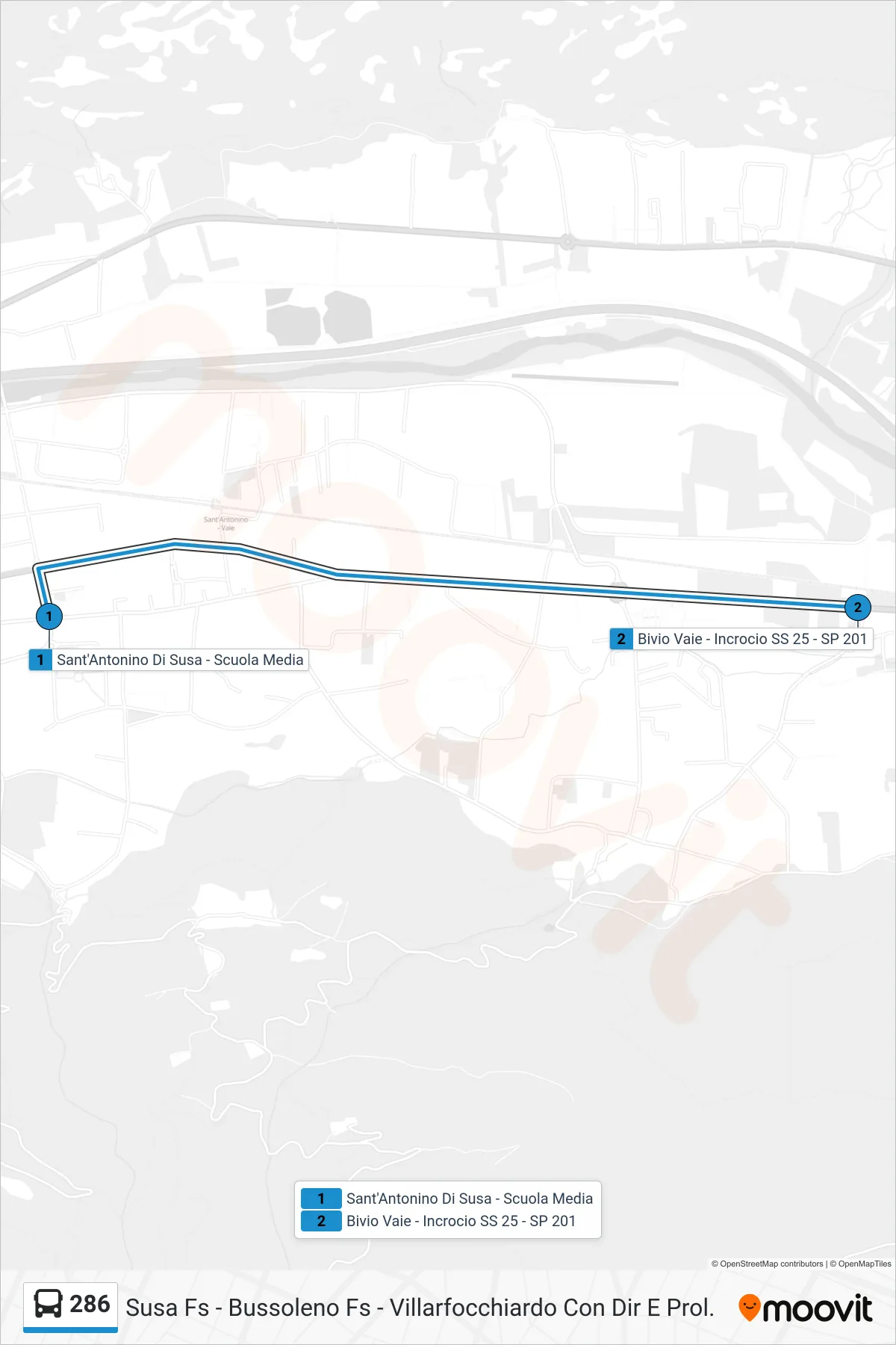 Linea 286 bus (Bivio Vaie - Incrocio SS 25 - SP 201) - Percorsi e fermate sulla mappa