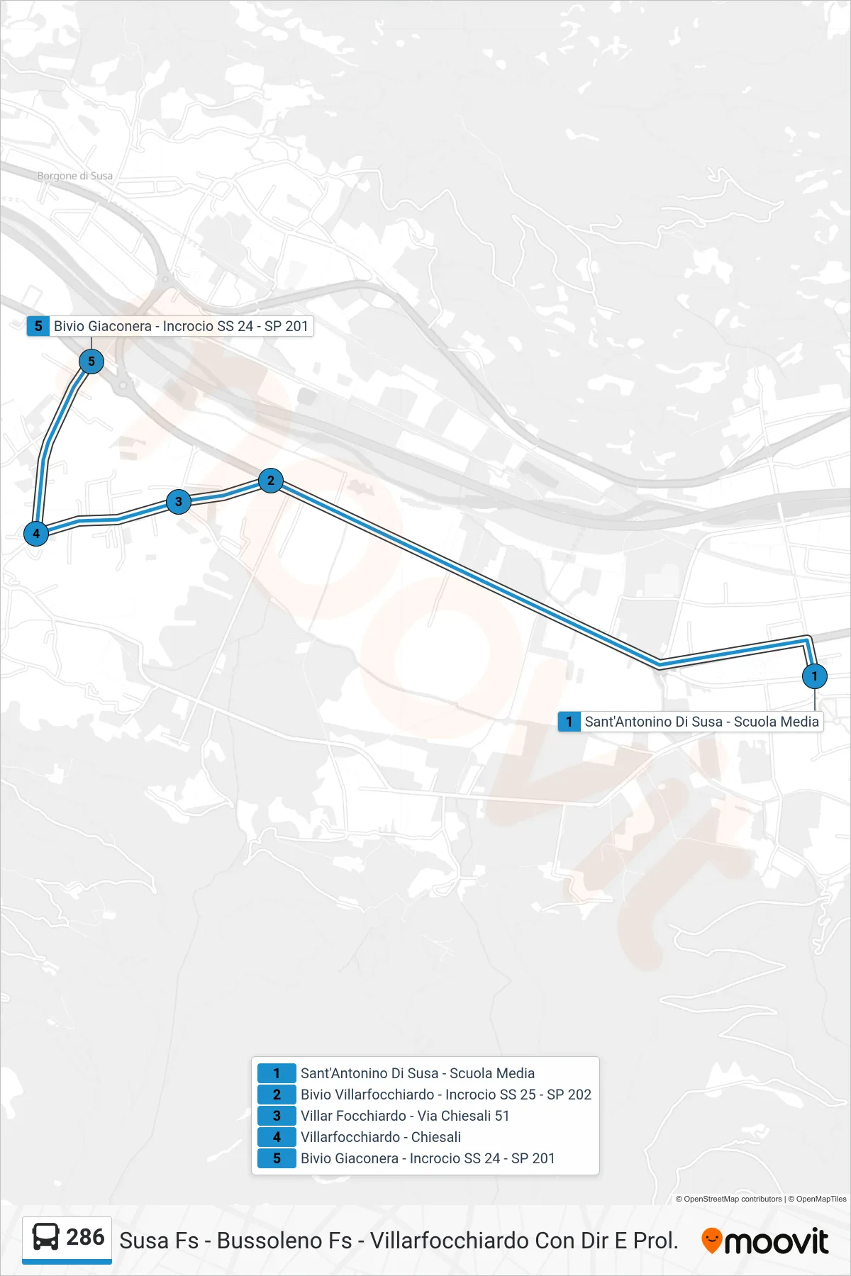 Linea 286 bus (Bivio Giaconera - Incrocio SS 24 - SP 201) - Percorsi e fermate sulla mappa